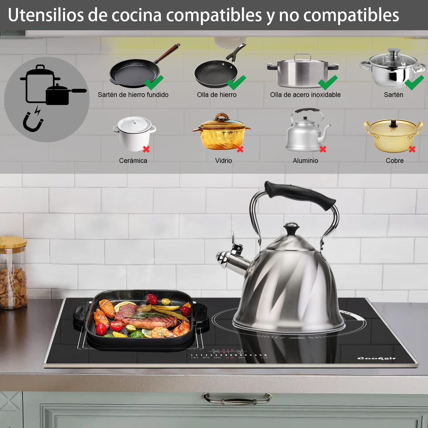 Placas de Induccion 3 Fuegos, Placa de Inducción Integrada | Control Táctil, Zonas Funcionales Flexibles, Bloqueo Para Niños, Temporizador, Sin Enchufe