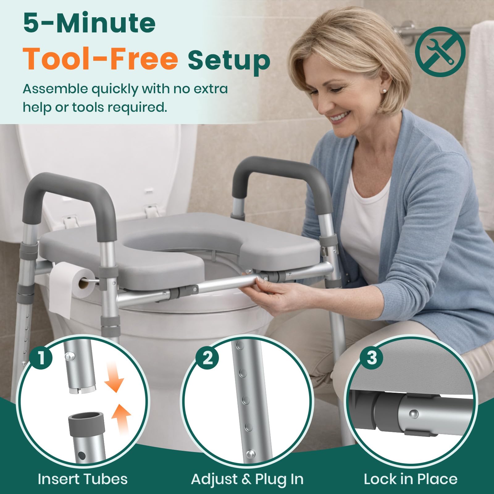 LTR02 Telaio Sicurezza WC con Seduta – fino a 180 kg, Corrimano Regolabili in Altezza e Larghezza, Braccioli Imbottiti, Piedini Antiscivolo, Ausilio Bagno per Anziani e Riabilitazione