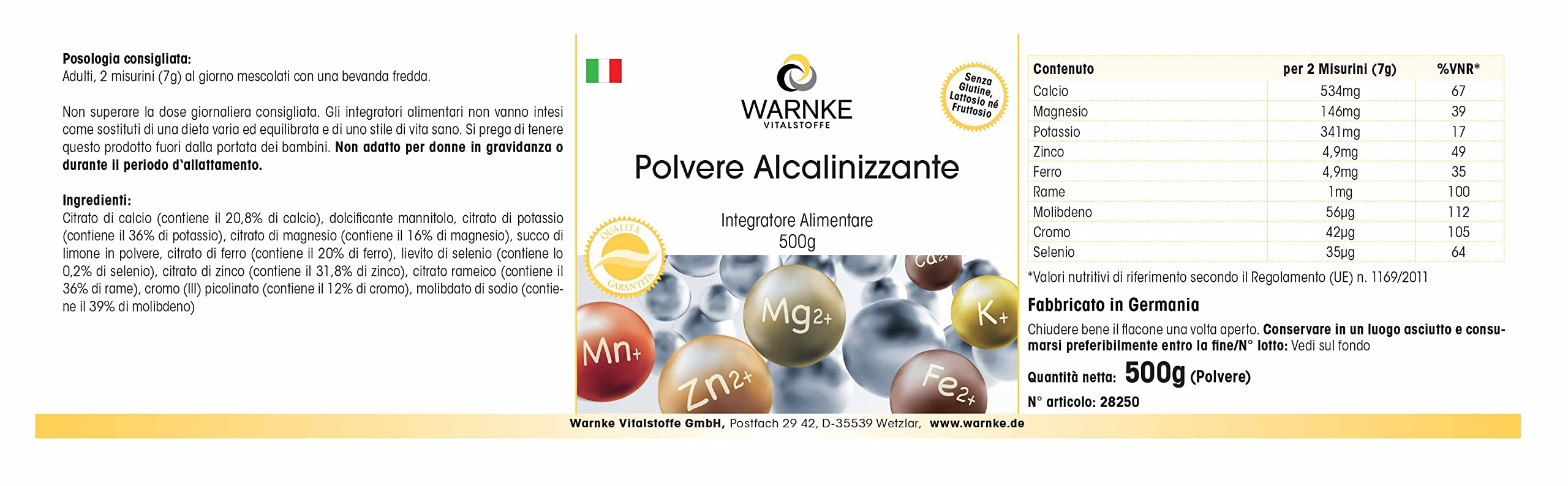 Polvo Alcalino 500g - Con 9 minerales y oligoelementos - Equilibrio ácido-base - Vegano | Warnke Vitalstoffe - Calidad de farmacia alemana