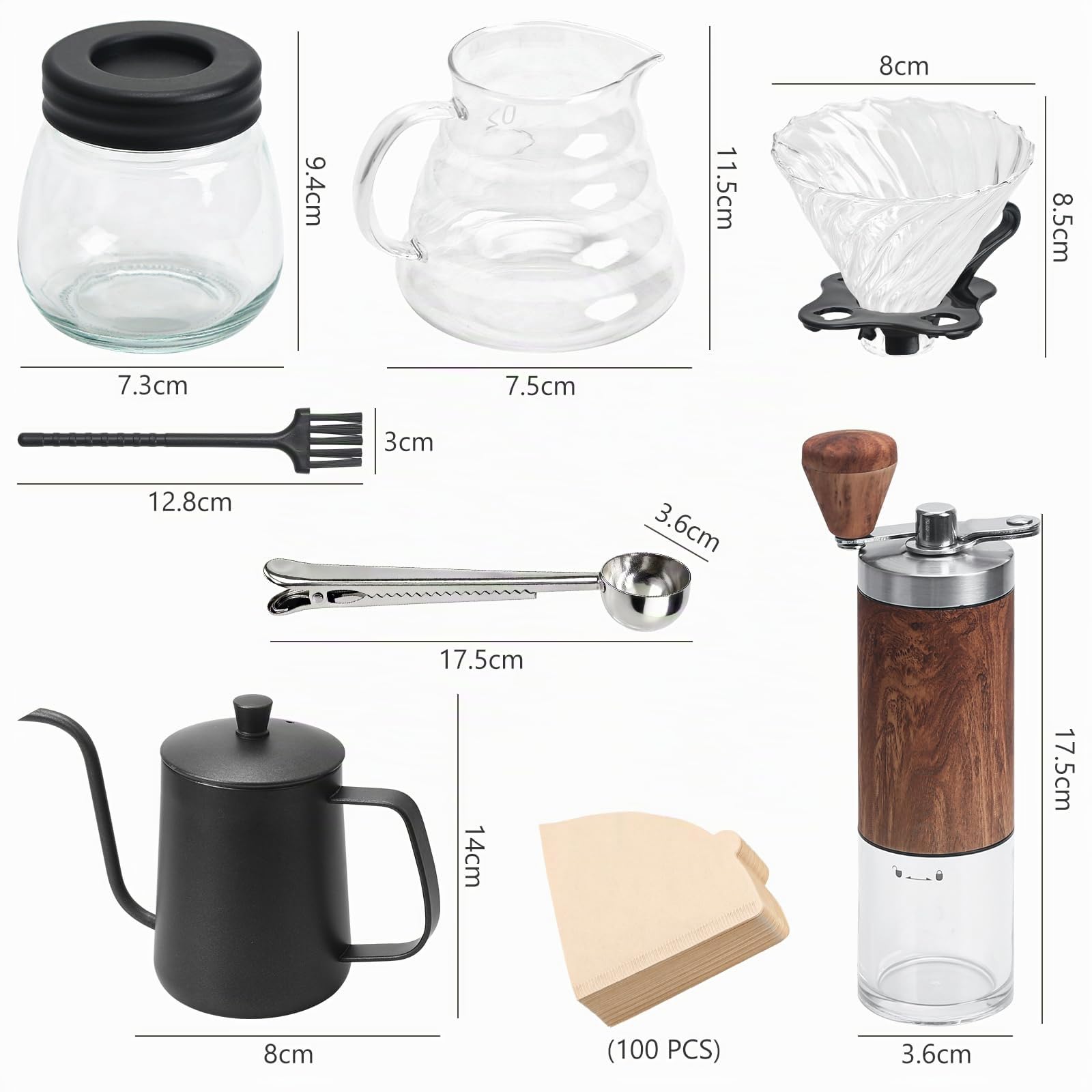Ensemble de moulin à café manuel de 7 pièces,ensemble d'outils de brassage de café portable,Coffee Grinder Degré avec bouilloire 600ml,Mouture Réglable,Outdoor Travel Picnic（100 filtres）