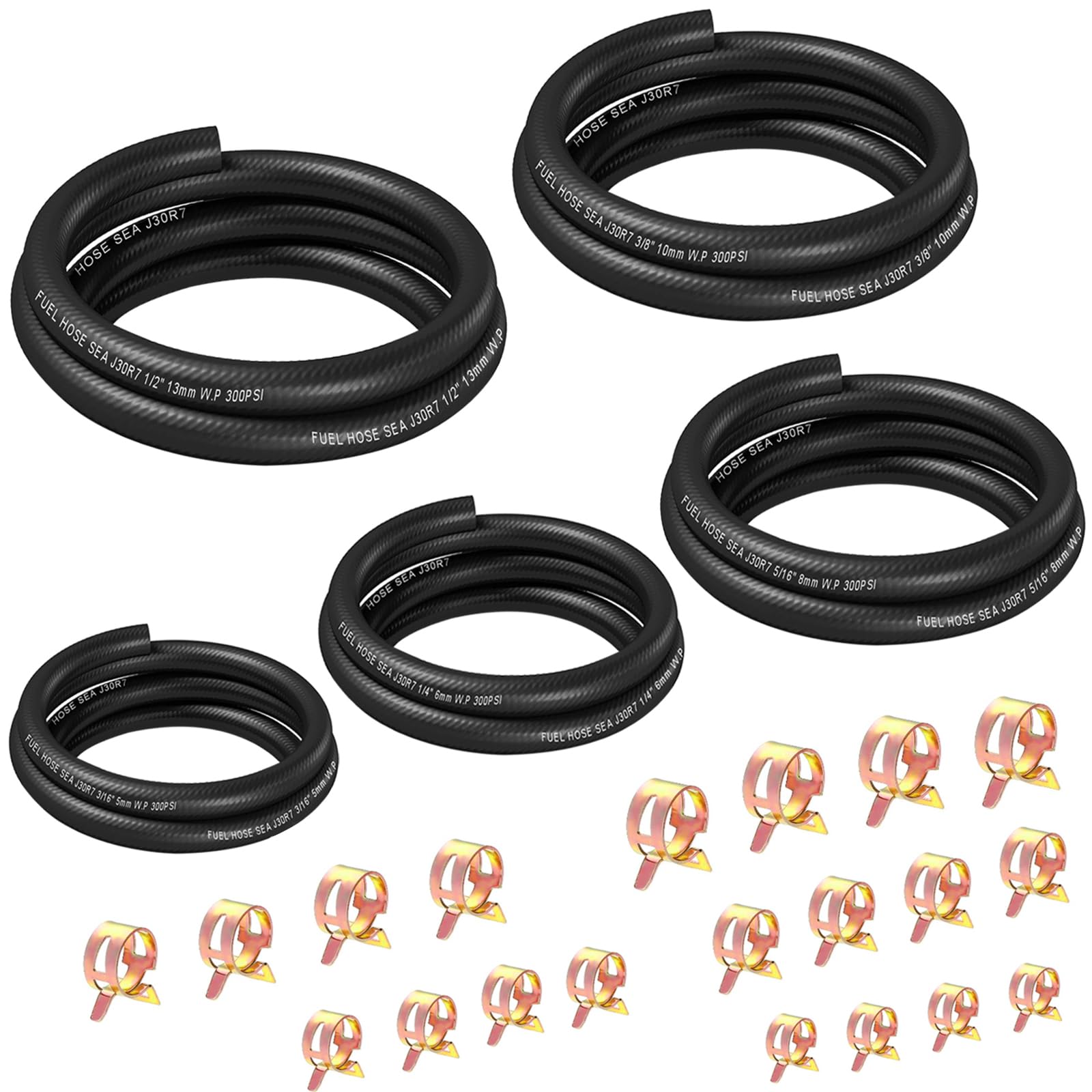 mxuteuk 25pcs 3.3Ft 5-Größe Kraftstoffleitung Schlauch-Kit - 3/8"1/2"5/16"1/4"3/16"ID NBR Gummi Kraftstoffschlauch mit Schlauchklemmen für kleine Motoren Automotive Ersatz Kraftstoffschläuche