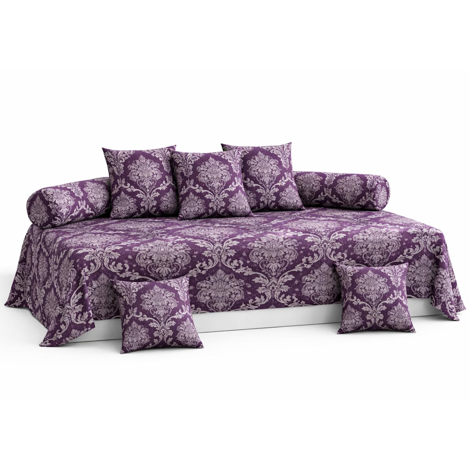 Diwan Set with Single Bedsheet, 5 Cushion Covers and 2 Bolster Covers (Purple)