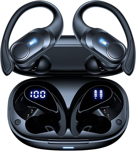 Auriculares inalámbricos con Bluetooth, reproducción de 70 horas, IPX7, estuche de carga inalámbrica impermeable y pantalla de alimentación dual