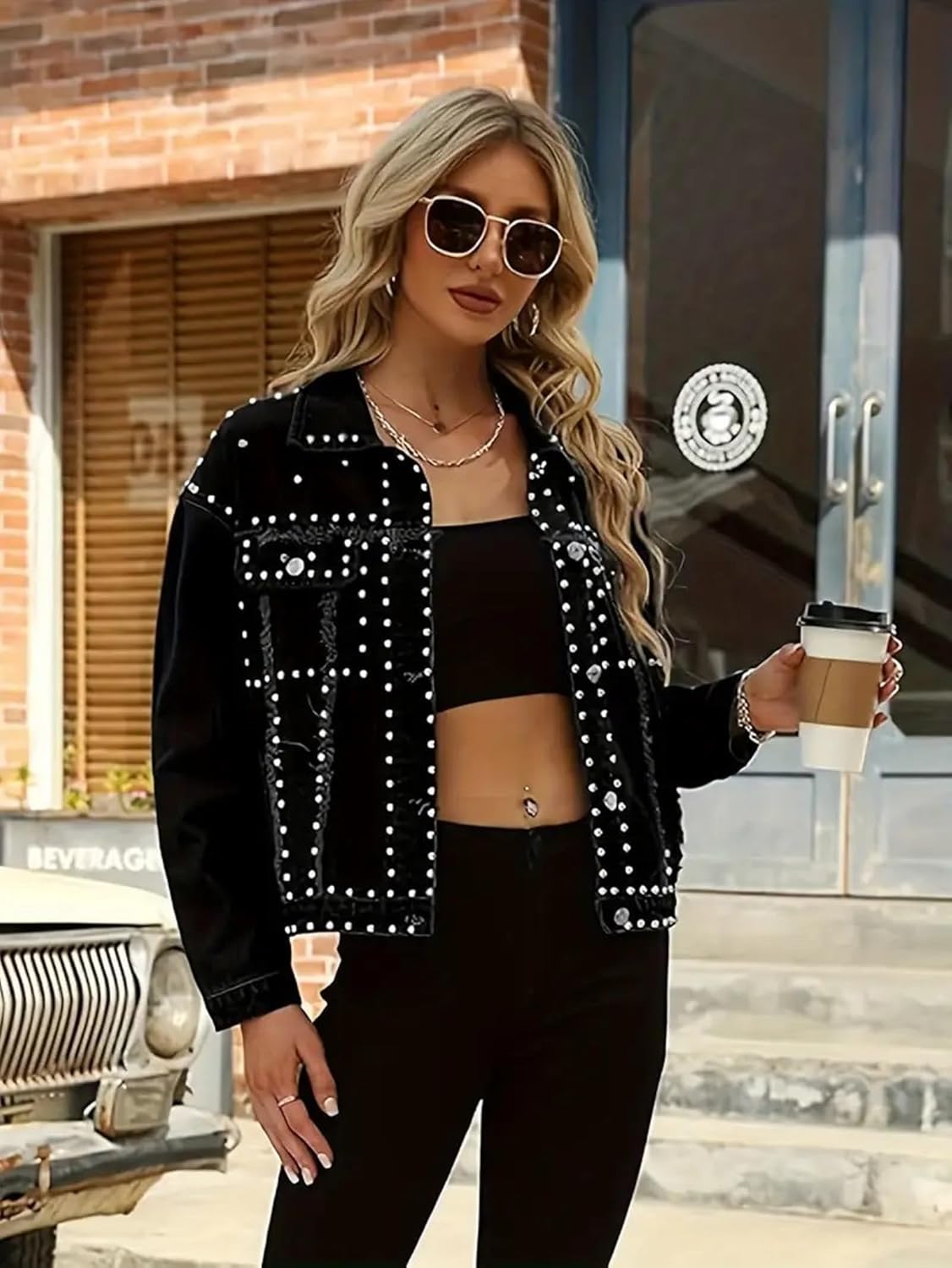 Women's Denim Jacket with Embellished Shiny Studs, Non Stretch Distressed Jean Coat - image 3