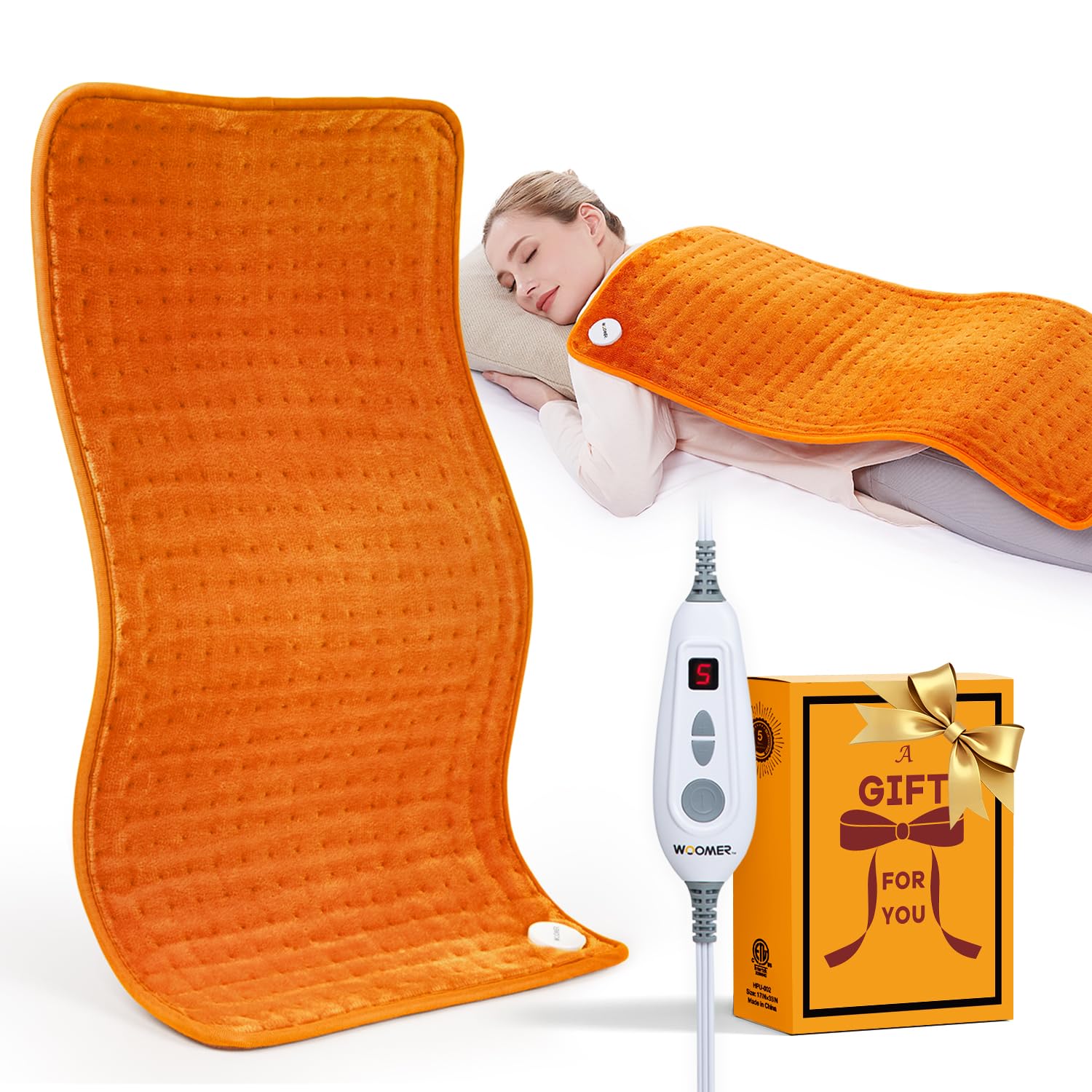WOOMER Bardzo duża podkładka grzewcza, 43 cm x 83 cm, podkładka grzewcza XL z opcją wielokolorową, funkcja terapii wilgotnym ciepłem, automatyczne wyłączanie, pas do przechowywania kabli zasilających