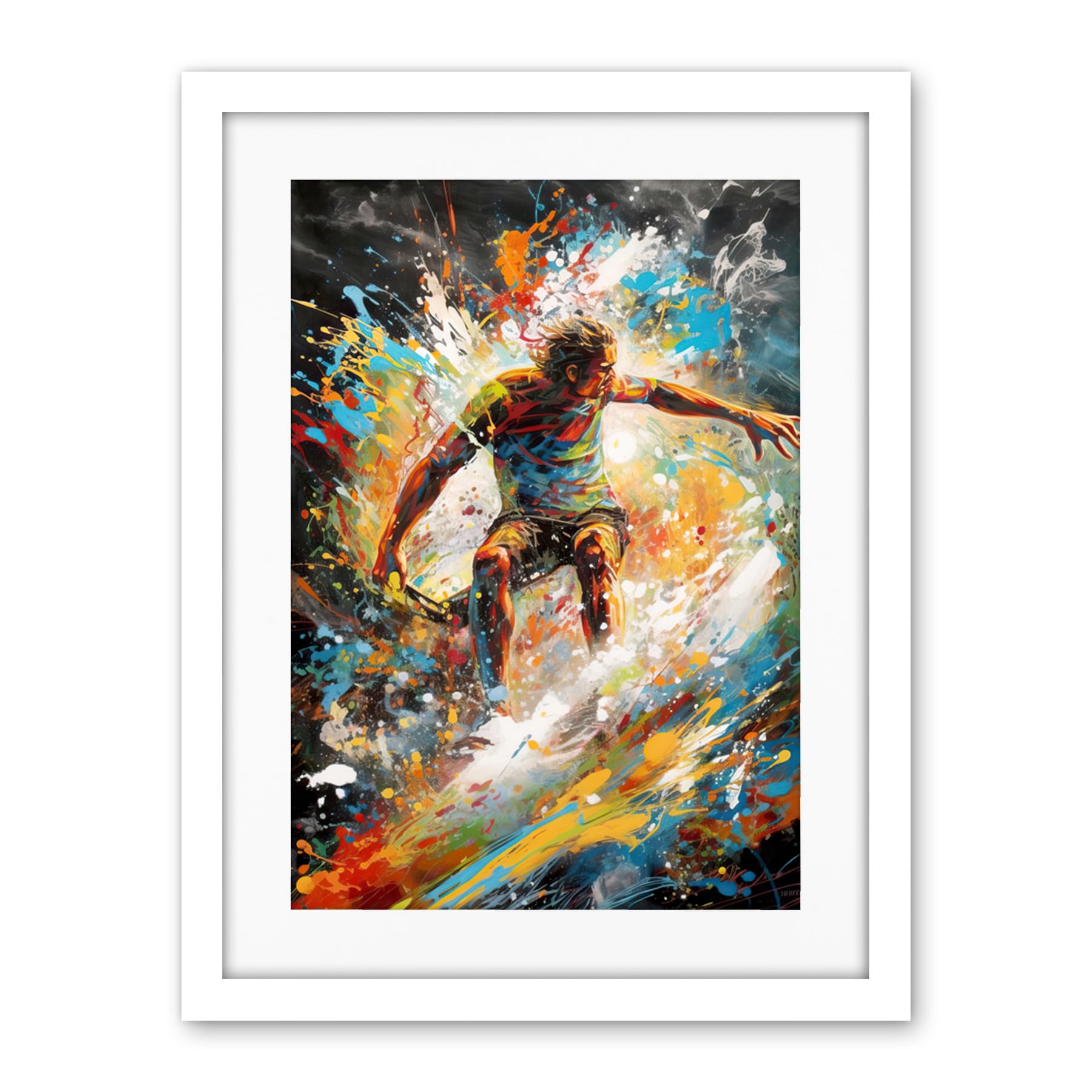 Artery8 Surfer Surfing on Crashing Waves Splatter Paint Artwork Framed Wall Art Print 18X24 Inch