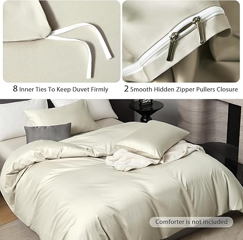 Miniatura 3 de PURE ERA Juego de funda de edredón de 800 hilos de algodón de fibra larga de satén sedoso suave y lujoso juego de 3 piezas, color beige, tamaño Queen