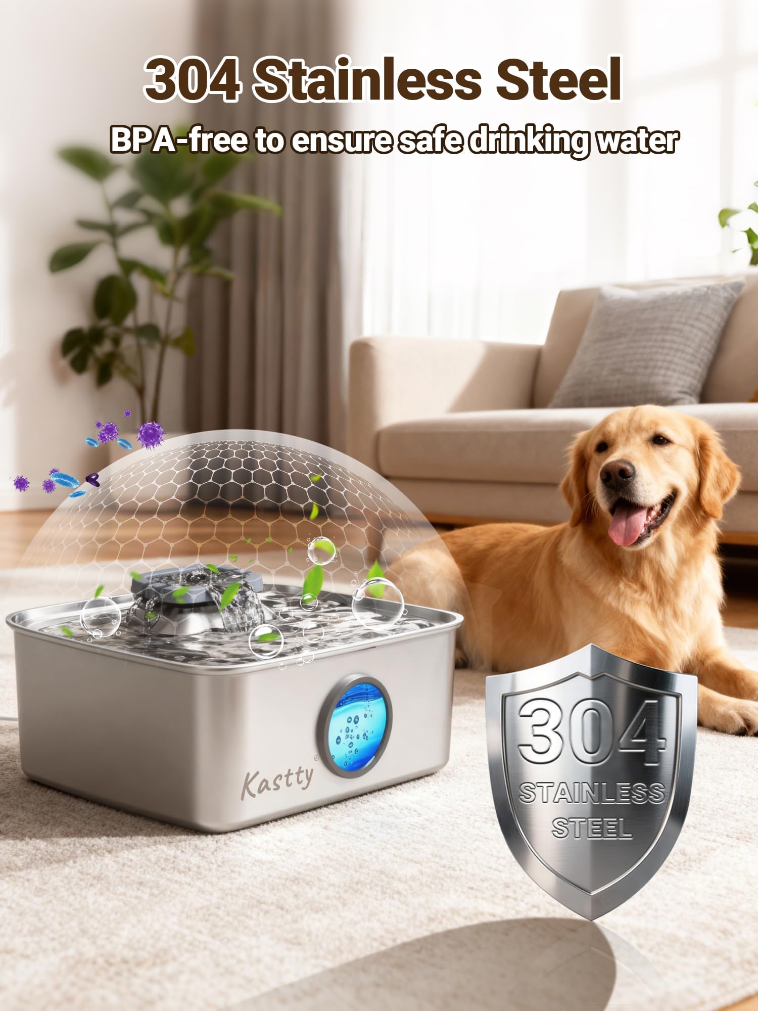 Kastty 15L/4 Gal Dog Water Fountain, Stainless Steel Large Pet Water Fountain with Water Level LED Light, Quiet Automatic Dog Water Bowl Dispenser for Dogs Inside Easy Cleaning FS79 - image 3