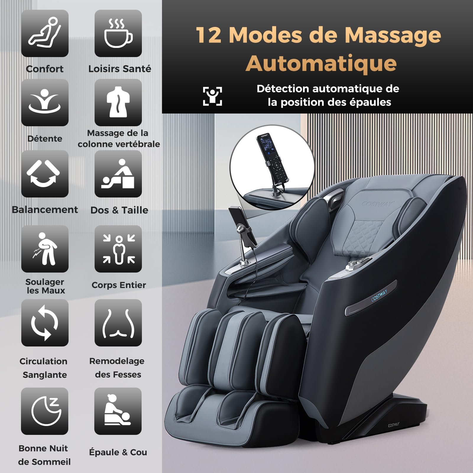 COSTWAY Fauteuil de Massage Électrique, Fauteuil de Massage Inclinable Rail SL avec 12 Modes Automatiques 5 Techniques de Massage Chauffage et Rouleaux Télécommande Haut-Parleur (Noir)