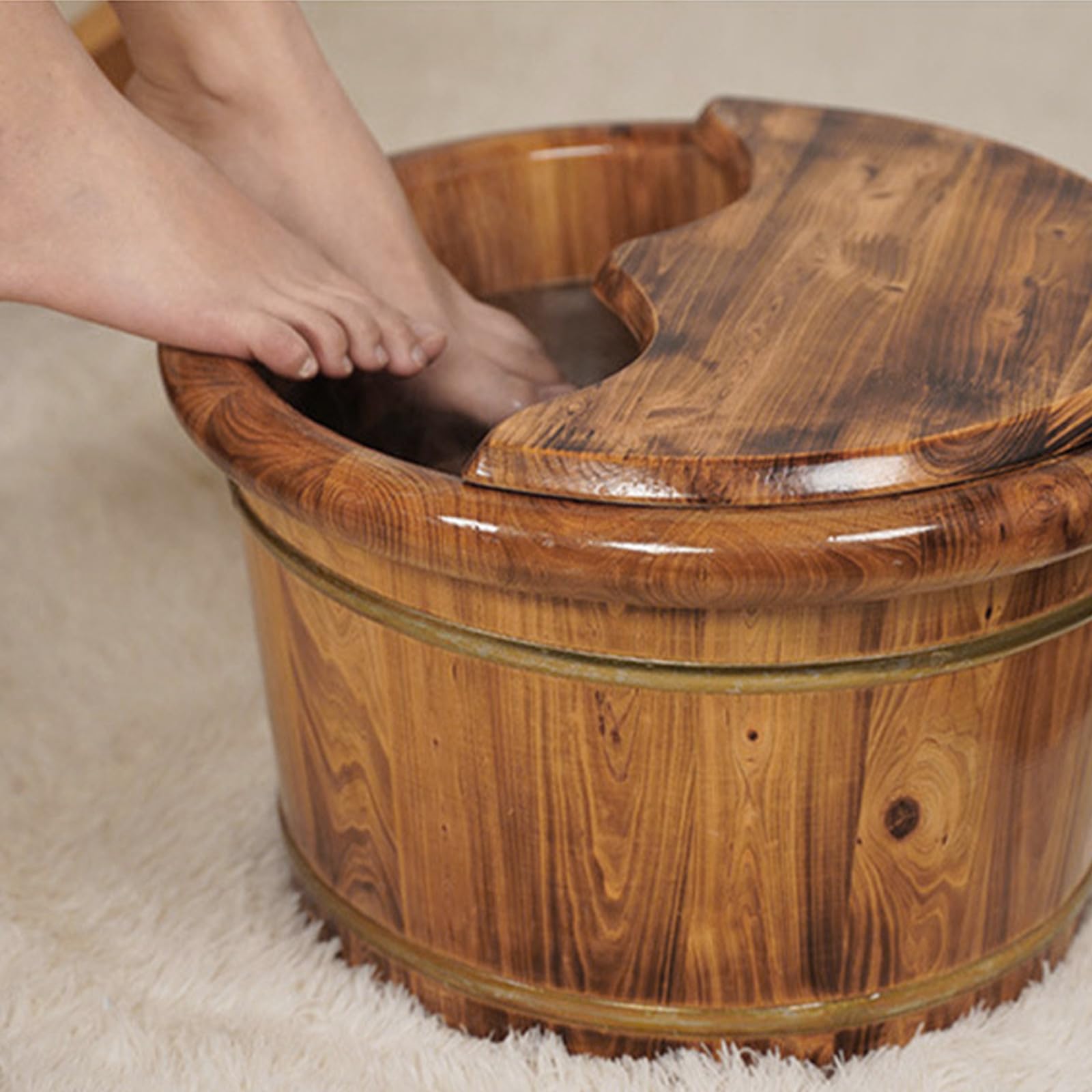 Cubo de Madera Grueso para Baño de Pies, Uso Doméstico, Color Caqui