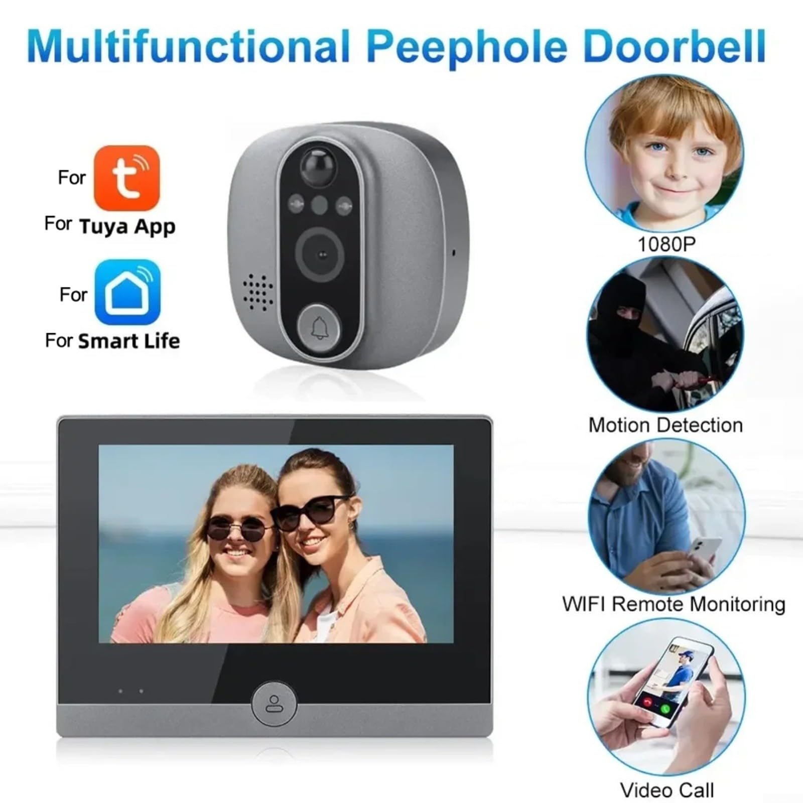 Judas de porte numérique 1080p WLAN avec écran de 4,3" PIR Détection de mouvement pour Alexa Compatible Smart Home Security Gris pour appartement maison