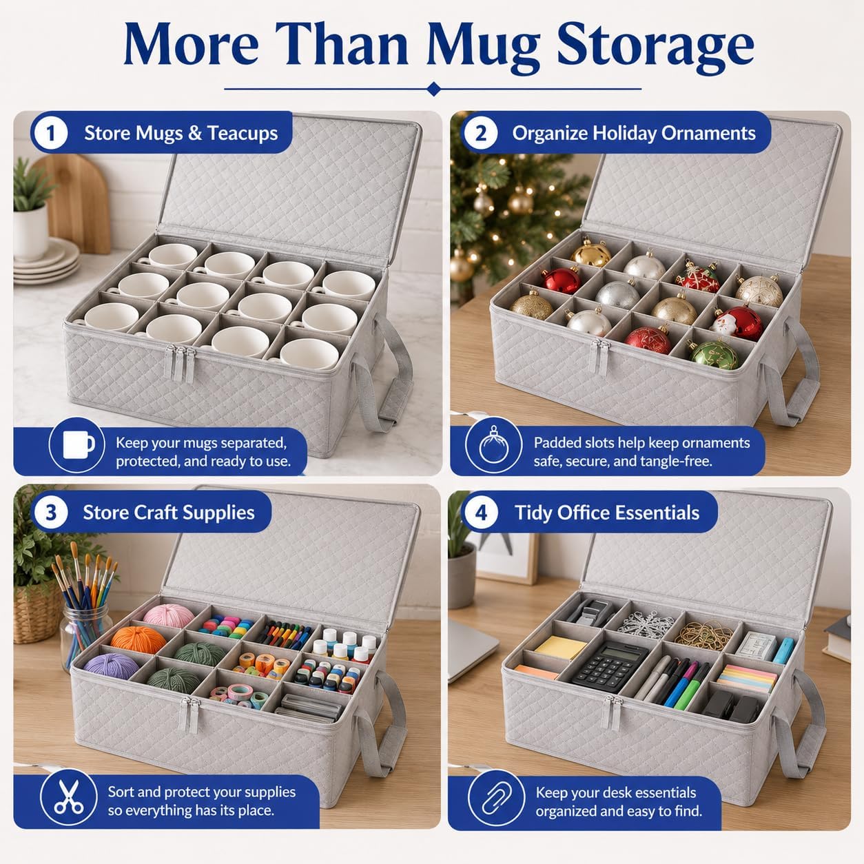 Coffee Mug Storage Bin - Mug Storage Box for Coffee Cups & Mugs (Holds 12 Cups) - Stackable Mug Storage Organizer with Dividers for Kitchen Cabinets & Countertops (Grey & Beige) by Govilla