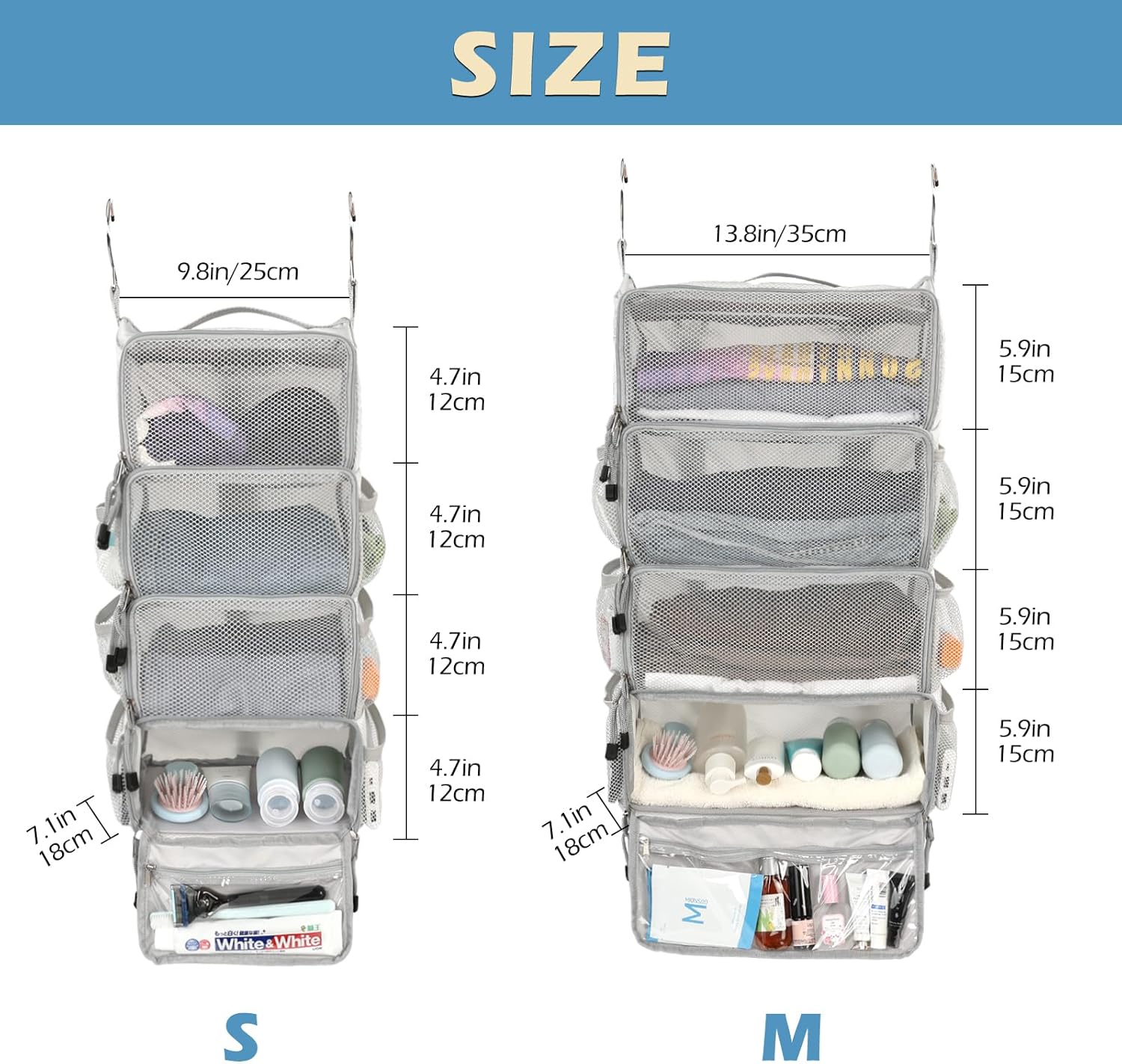Surblue Travel Hanging Packing Cubes with 2 Hooks Hanging Shelves for Luggage Organizers Portable Compression 4 Shelf Closet Carry-on Suitcases Organizers, Medium, Lightgrey