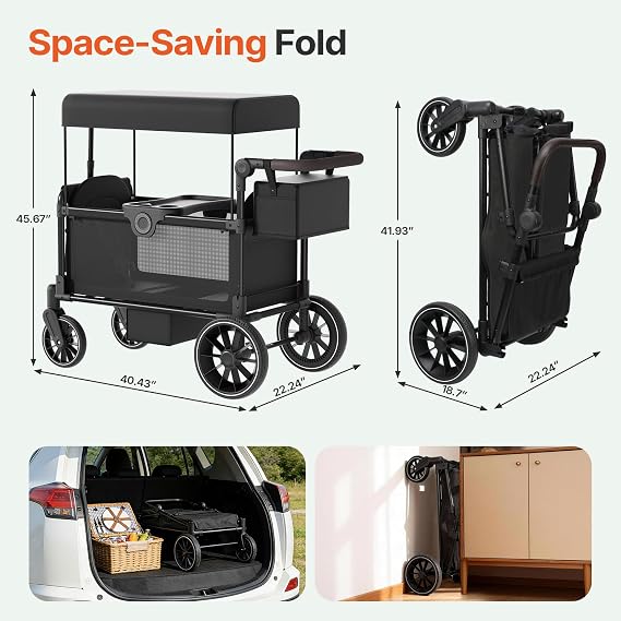BIERUM Stroller Wagon for 2 Kids with Side Entry & 5-Point Safety, 5-in-1 Multi-Mode All-Terrain Foldable Cart with Adjustable Push/Pull Handle, Removable Canopy & Organizer for Beach, Camping, Black