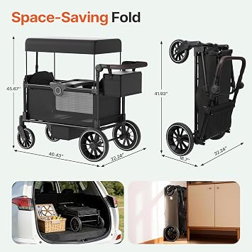 BIERUM Stroller Wagon for 2 Kids with Side Entry & 5-Point Safety, 5-in-1 Multi-Mode All-Terrain Foldable Cart with Adjustable Push/Pull Handle, Removable Canopy & Organizer for Beach, Camping, Black