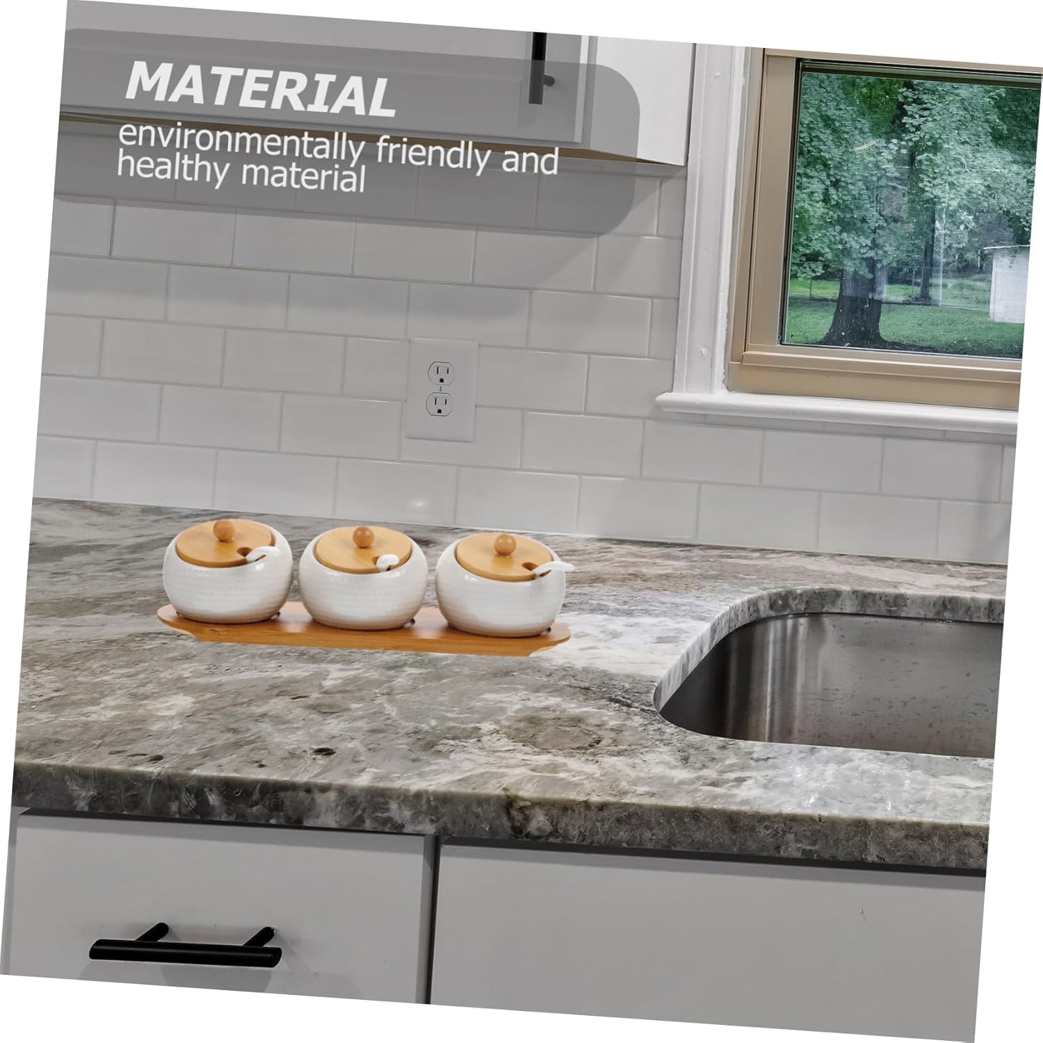 1set Ceramic Kitchen Condiment Pots Multi-function Spice Jars Spoon Seasoning Containers for Home and Kitchen Organization