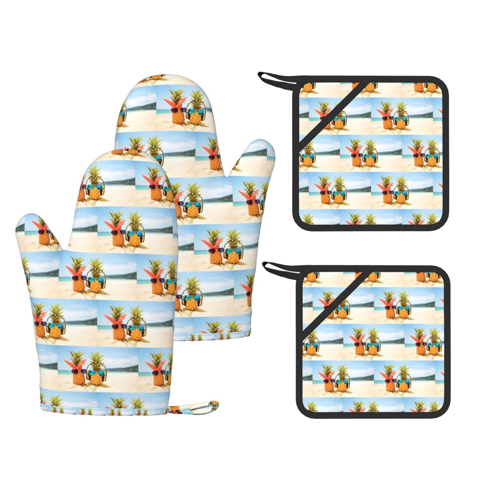 Beach Two Pineapples Sea Printed Potholder and Oven Mitt Set of 4, High Heat Resistant Cooking Gloves for BBQ Grilling