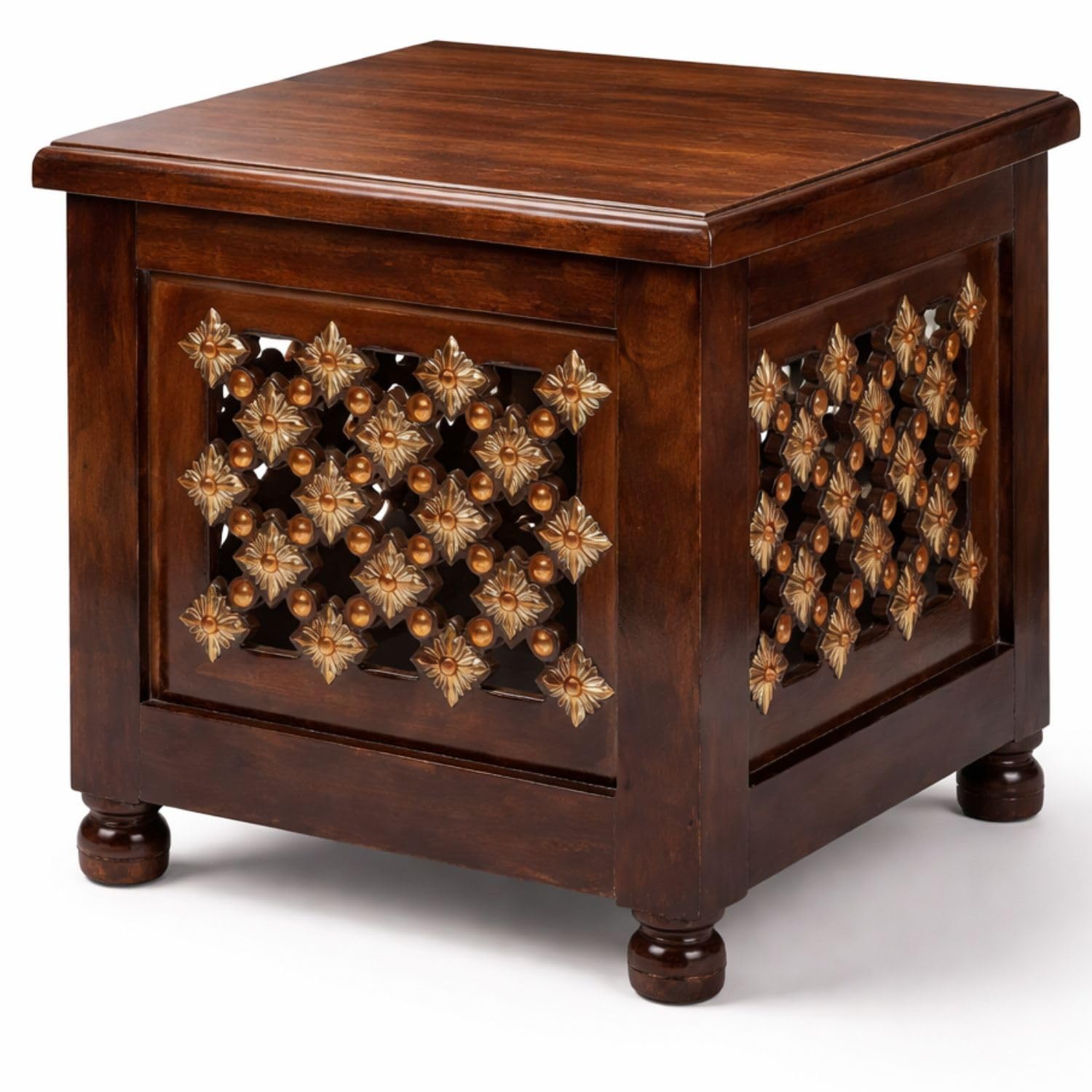 Wooden Storage with Lid | Handcrafted Multipurpose Stool for Sitting, Side Table & Storage | Solid Wood Square Ottoman for Living Room & Bedroom (Set of 1)