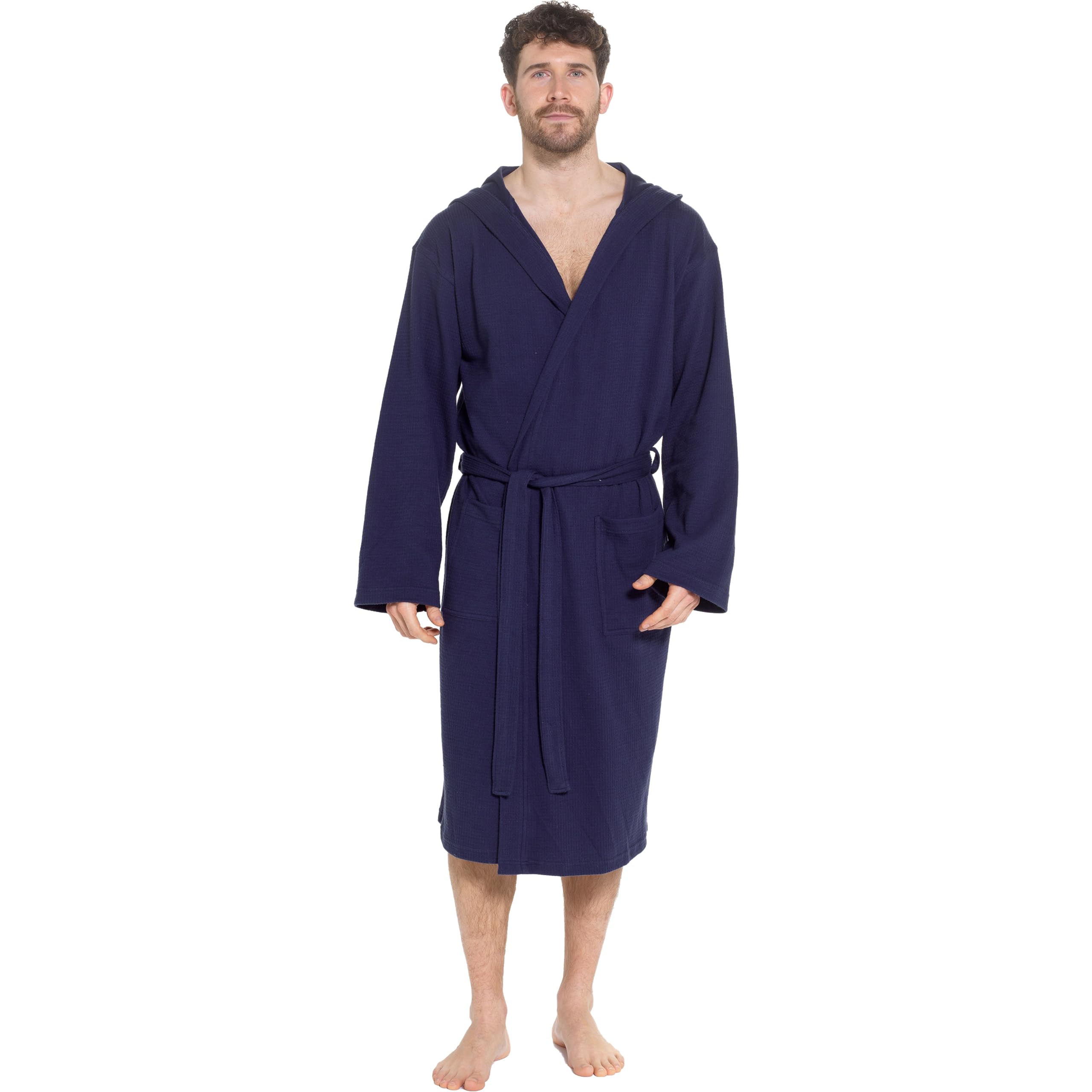 Sock Stack Men's Navy Hooded Waffle Robe Dressing Gown Bathrobe For Super Absorbent Cotton Robes Spa Perfect For Home & Loungewear, L/Xl