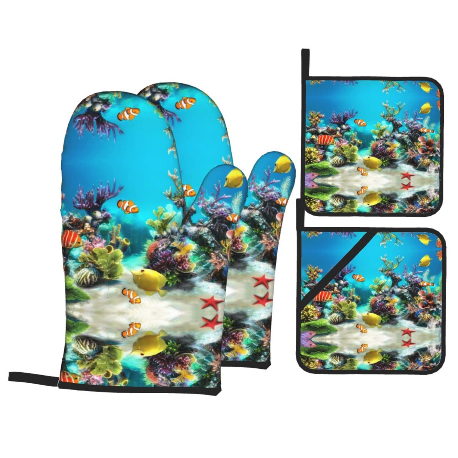 Tropical Fish Oven Mitt and Pot Holder 4-Piece Set for Kitchen, Outdoor Grill, Baking