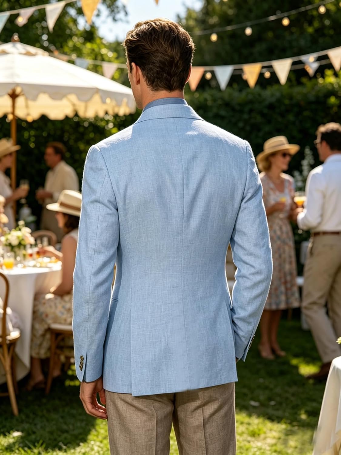 Men's Linen Blend Suit Jacket Double Breasted Classic Business Blazer Lightweight Breathable Summer Office Work
