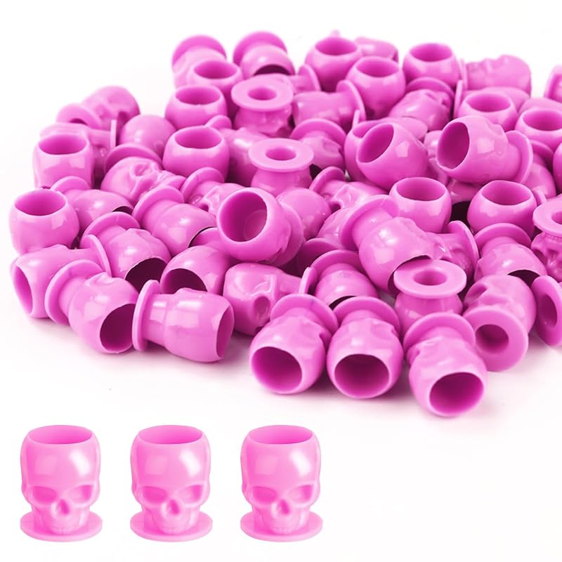 Copos descartáveis para tinta de tatuagem OFEYLE em formato de caveira, plástico, rosa, pacote com 50