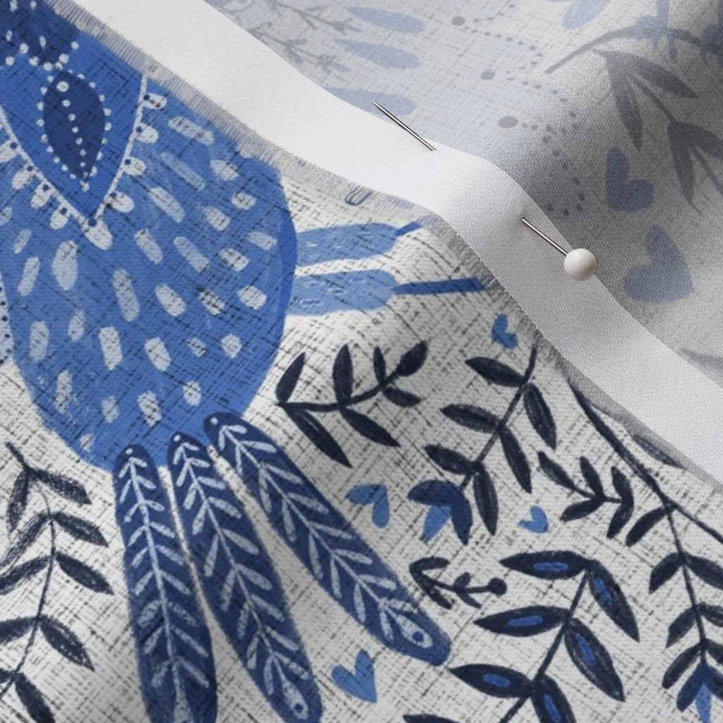Spoonflower Fabric - Scandinavian Birds Indigo Blue White Swedish Folk Art Color Flowers Printed on Organic Cotton Sateen Fabric by The Yard - Sewing Quilting Apparel Home Decor
