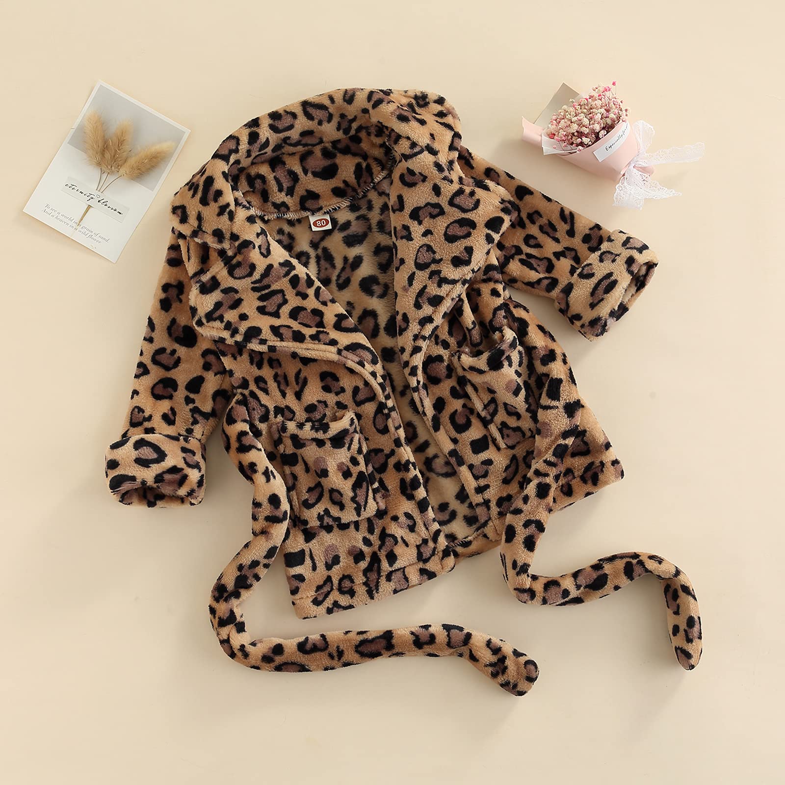 Qiylii Unisex Baby Plush Bathrobe Plain Kimono Gown Newborn Toddler Girls Boys Towel Robe Nightwear Clothes (R Leopard, 0-6 Months)