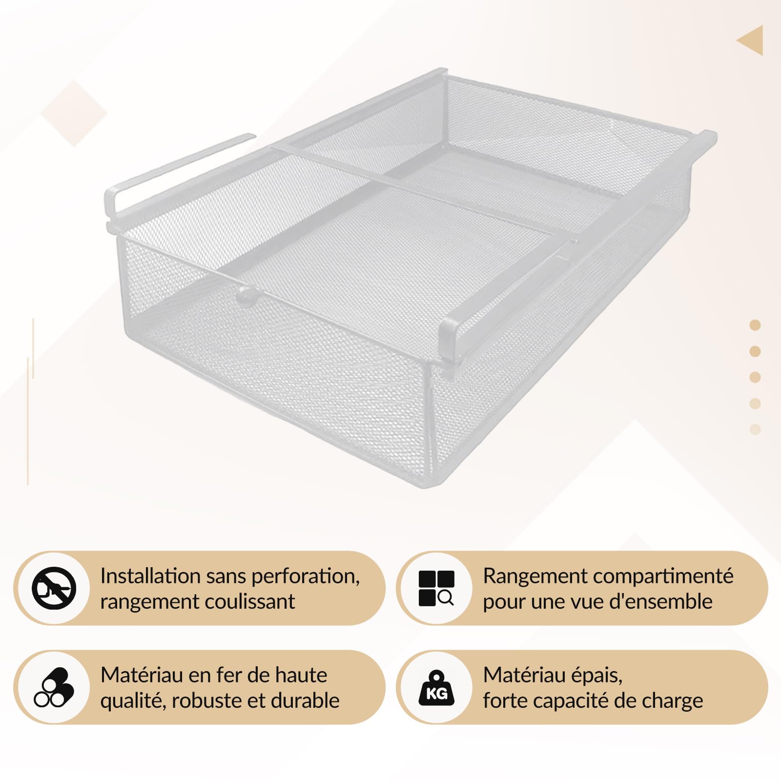 LOVIVER Panier en Fer à Tiroir Coulissant Suspendu, Panier de Rangement Coulissant sous Étagère, Organisateur de Rangement sous Armoire pour Chambre à Coucher/Comptoir/Armoire, Blanc, 29 * 46 * 9cm
