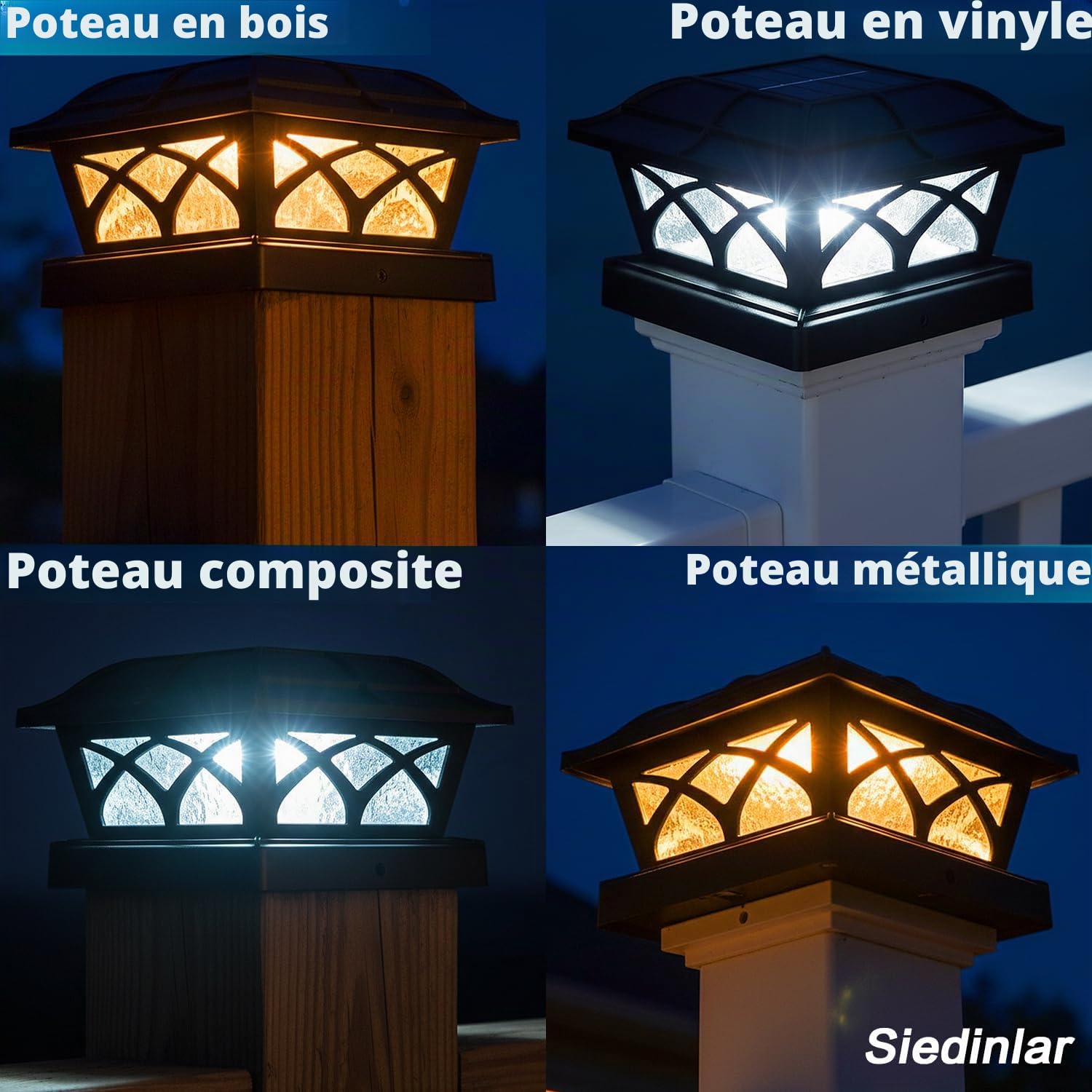 Siedinlar Lot de 4 lampes solaires pour poteau de clôture en verre extérieur avec 2 modes de couleur 8 LED pour poteaux 4x4 5x5 6x6 pour terrasse, clôture, patio, décoration, éclairage blanc chaud et