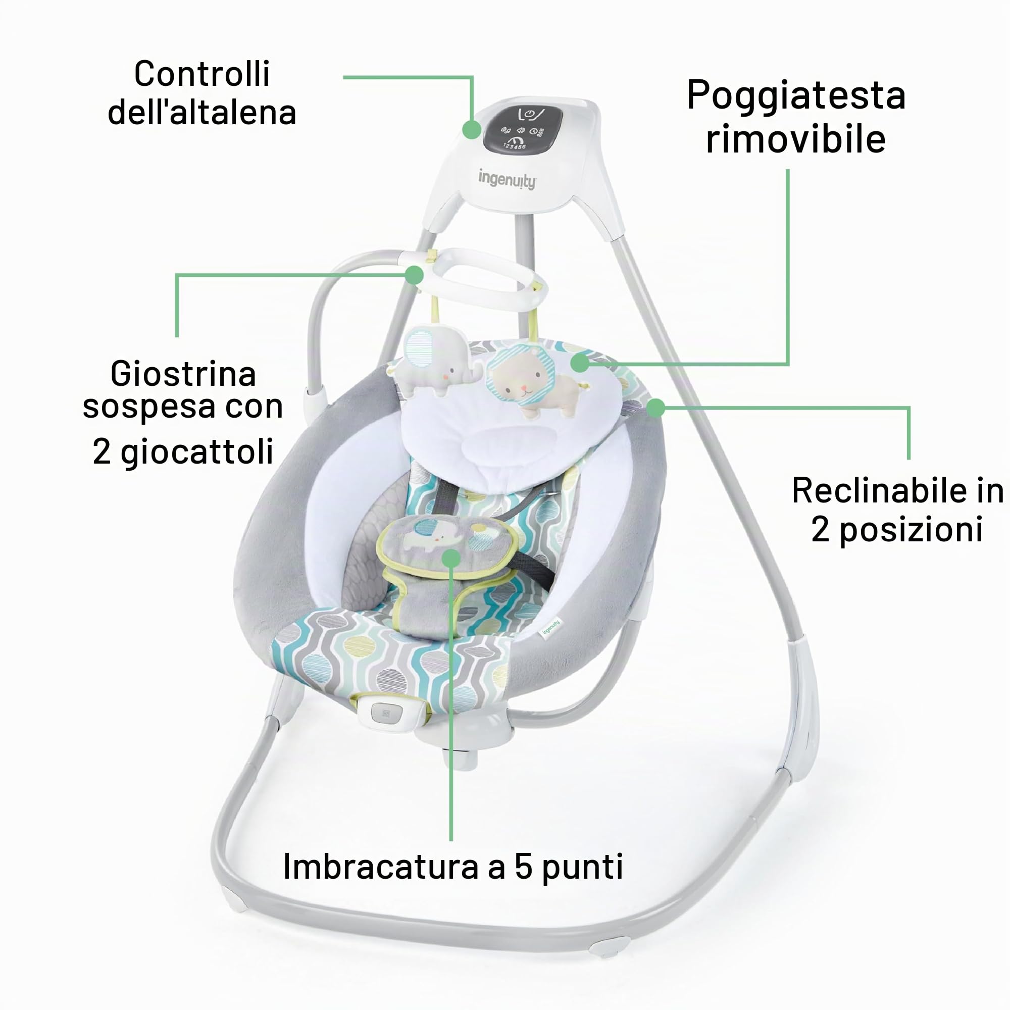 Altalena Alta Oscillante con Seduta Girevole Ingenuity, Altalena Simple Comfort Everston, Dondolino 2 direzioni con Giostrina Giochi, Melodie, Suoni Bianchi e Vibrazione, Maniglia trasporto e Ruote