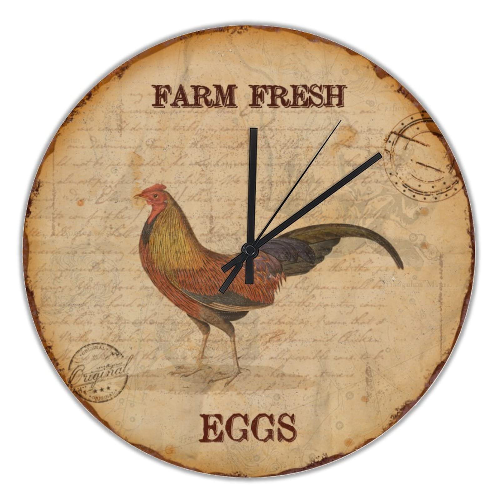 Farm Fresh Rooster Eggs Wooden Wall Clock Farm Fresh Egg Hanging Clocks Battery Operated Silent Quartz 15 inch Rustic Farmhouse Wooden Wall Clock Decoration for Home Kitchen Office Living Room