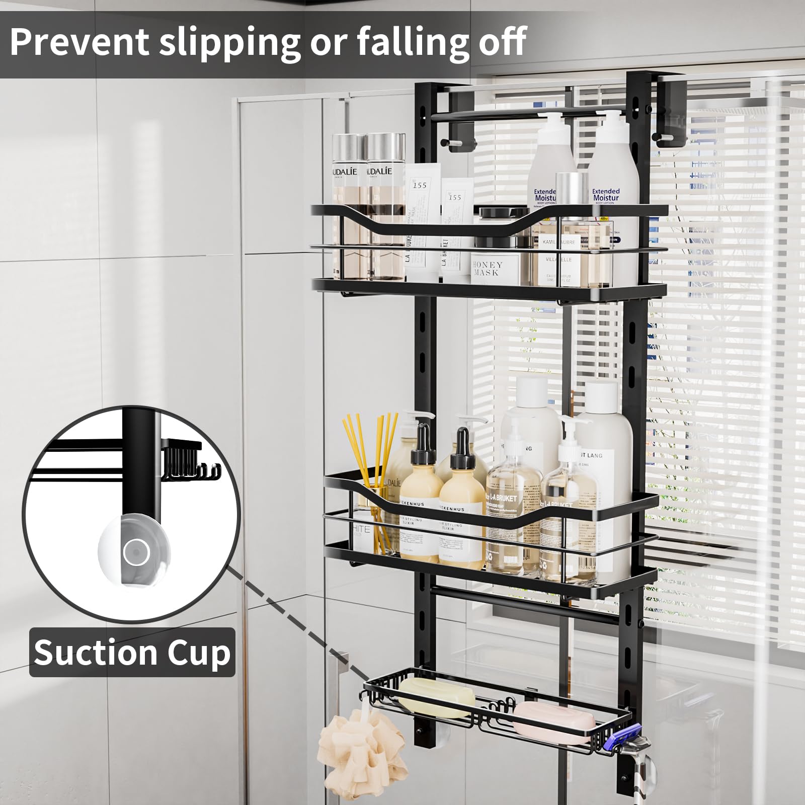 SWTYMIKI Over the Door Shower Caddy, 3 Tier Adjustable Shower Organizer Hanging with Hooks and Soap Holder - Image 4
