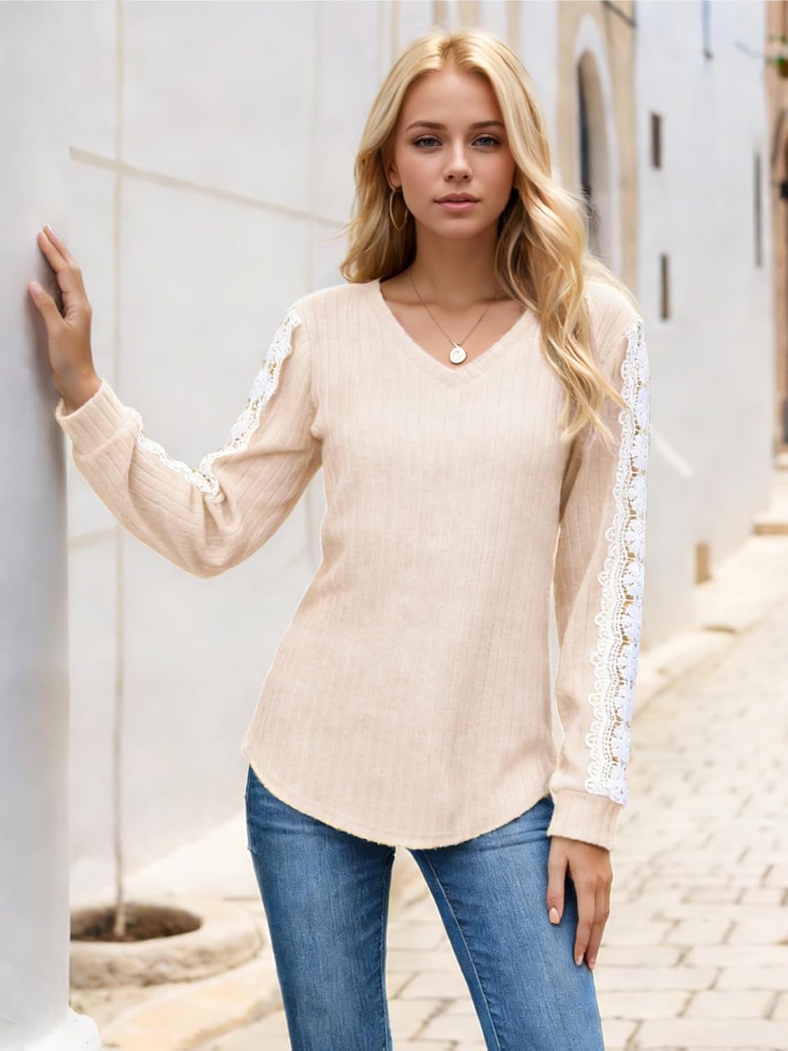 Womens V Neck Lace Sheer Long Sleeve Sweaters, Spring Fashion Loose Dressy Fall Pullover Casual Work Tunic Top - Image 5