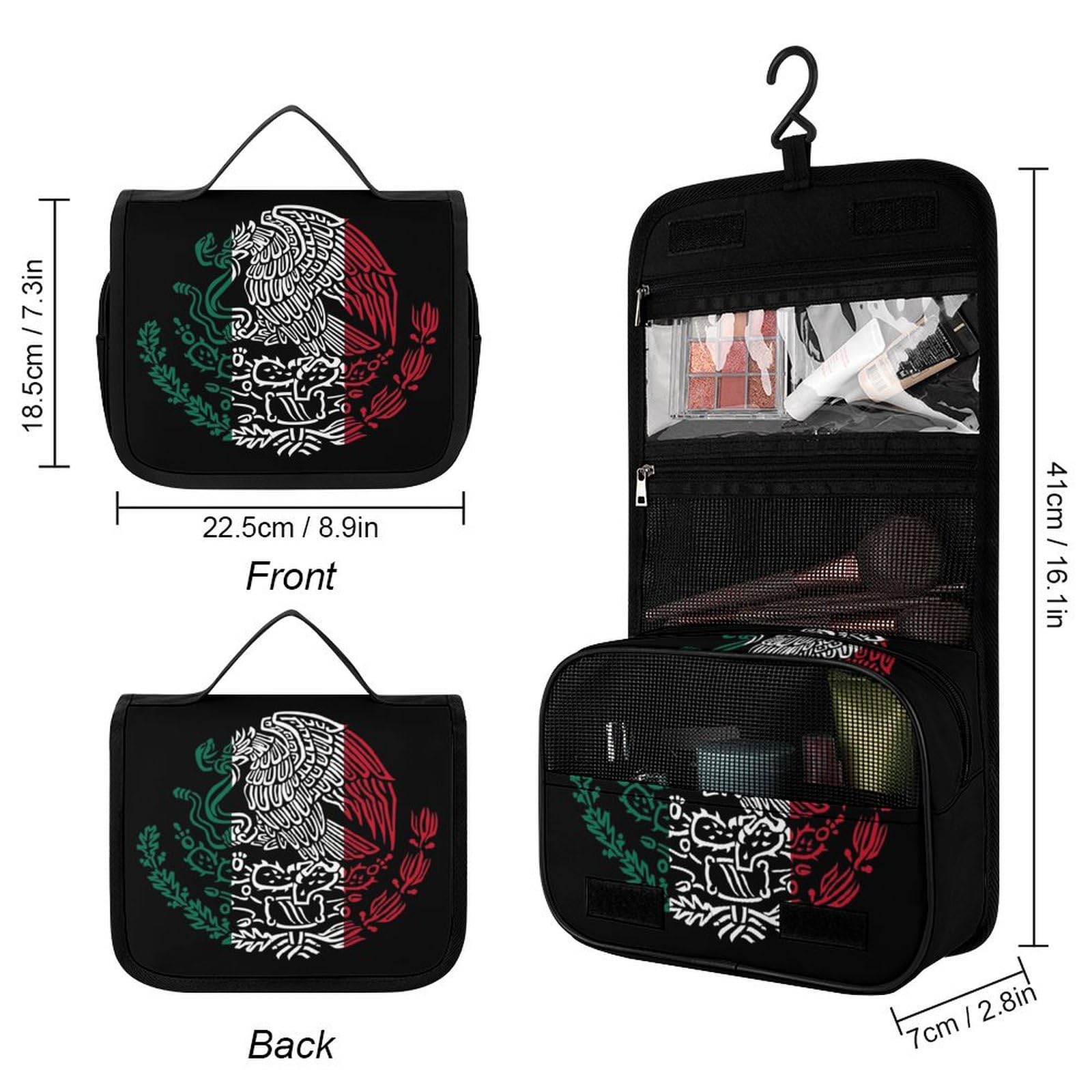 Mexico Flag Snake Ea-gles Mexican Logo Makeup Bag Portable Hanging Organizer for Travel Wash Bags With Handle And Divider