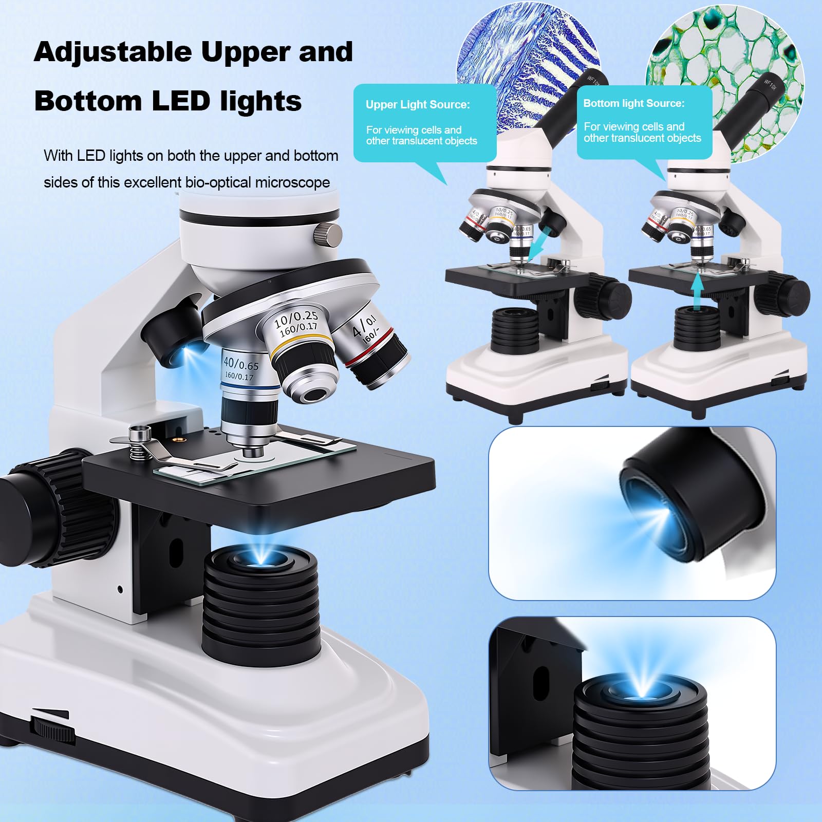 Microscopio para adultos y niños, microscopio de alta potencia 40X-2500X con pantalla de 5 pulgadas, para laboratorio escolar y escuela en casa, equipado con juego de diapositivas y soporte para