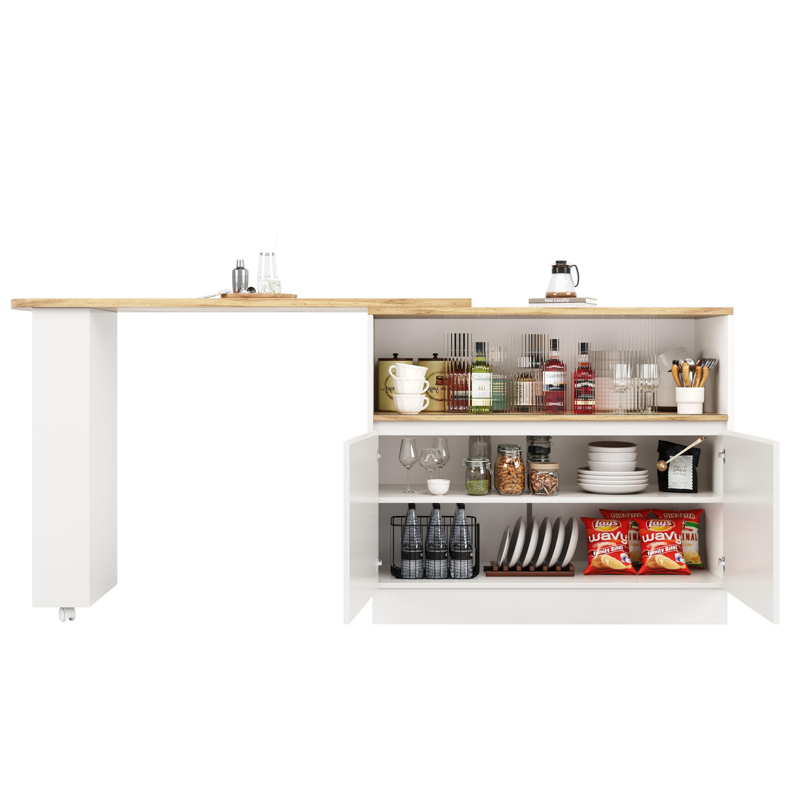 Azkoeesy Bartisch Esstisch 360° drehbare mit Stauraum, 90 x 45 x 100-165 cm, mit Rollen, Seitenregal, Schiebetüren aus Glas, Stehtisch/Bistrotisch/Hochtisch/Kücheninsel, weiß