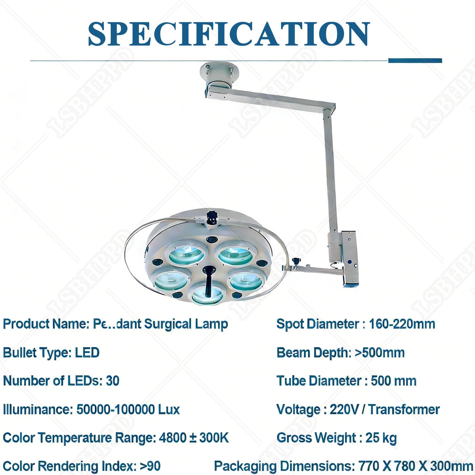 Lámpara LED Quirúrgica Techo 25W 60.000-120.000 Lux Sin Sombras Temperatura Ajustable