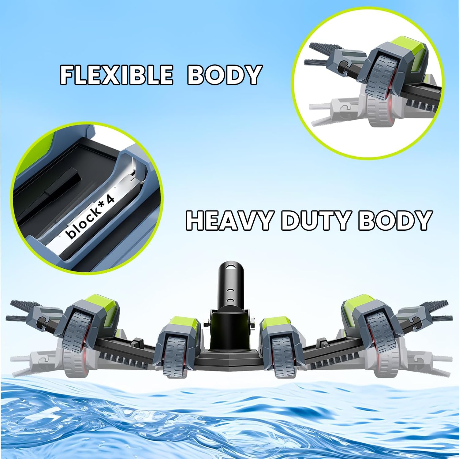 Sepetrel Cabezal de vacío de piscina resistente con ruedas y mango de aluminio, cabezal de vacío flexible con peso profesional