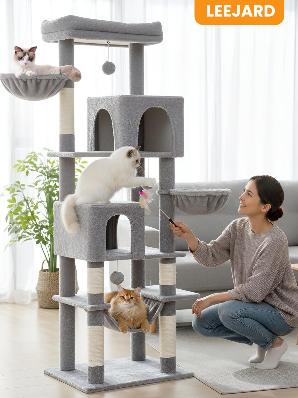 Árbol rascador grande, XXL, 180 cm de alto, con grandes plataformas, 5 columnas para rascar, 2 cuevas, 2 cestas, bolas de peluche, hamaca, cepillos para gatos y protección antivuelco