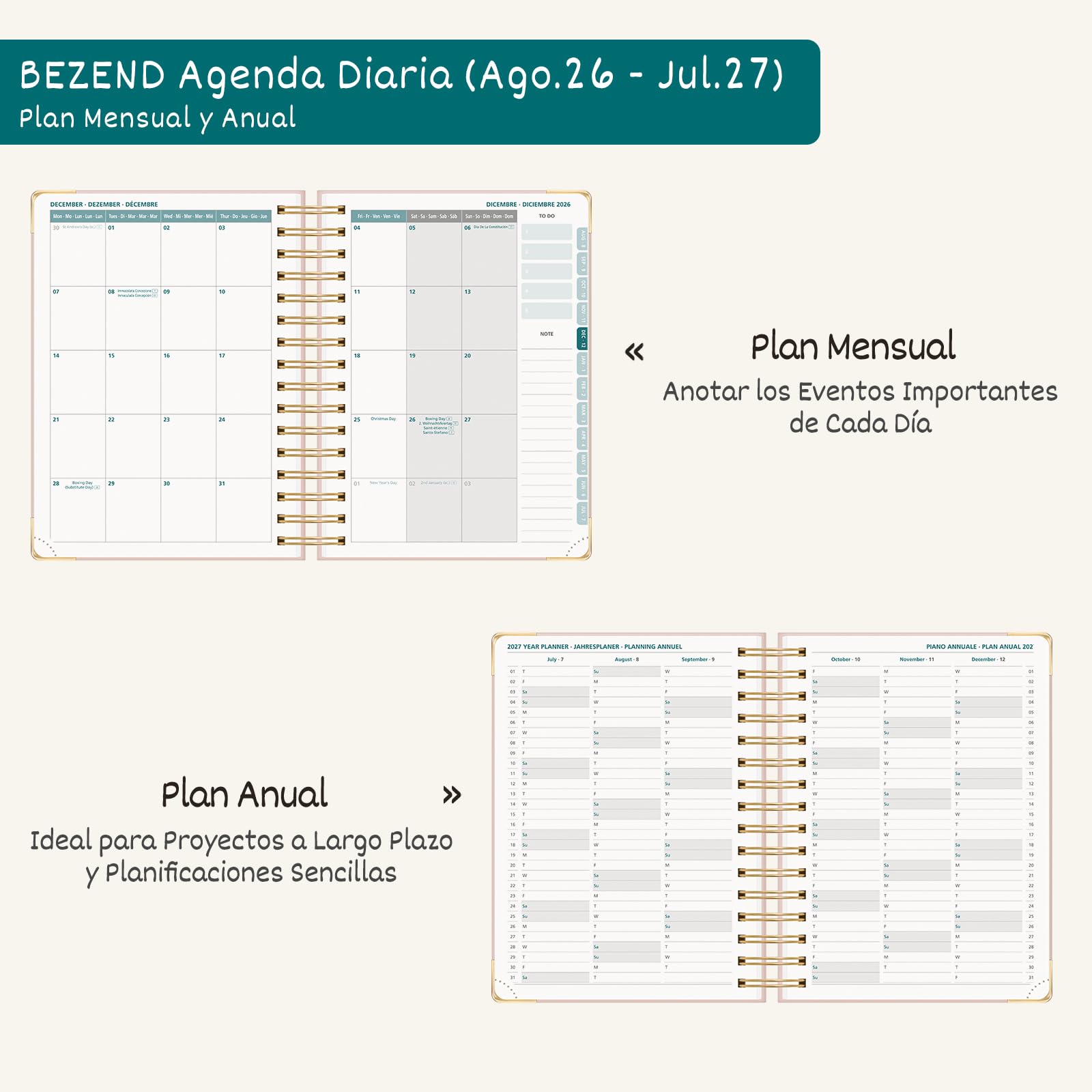 BEZEND Agenda Escolar 2026 2027 Día por Página A5 Espiral, 12 Meses de Ago.26 a Jul.27, Agenda Diaria Diseño Floral 15,5 x 21 cm, Dia Vista con Intervalos de 30 minutos, Tapa Dura - Rosa