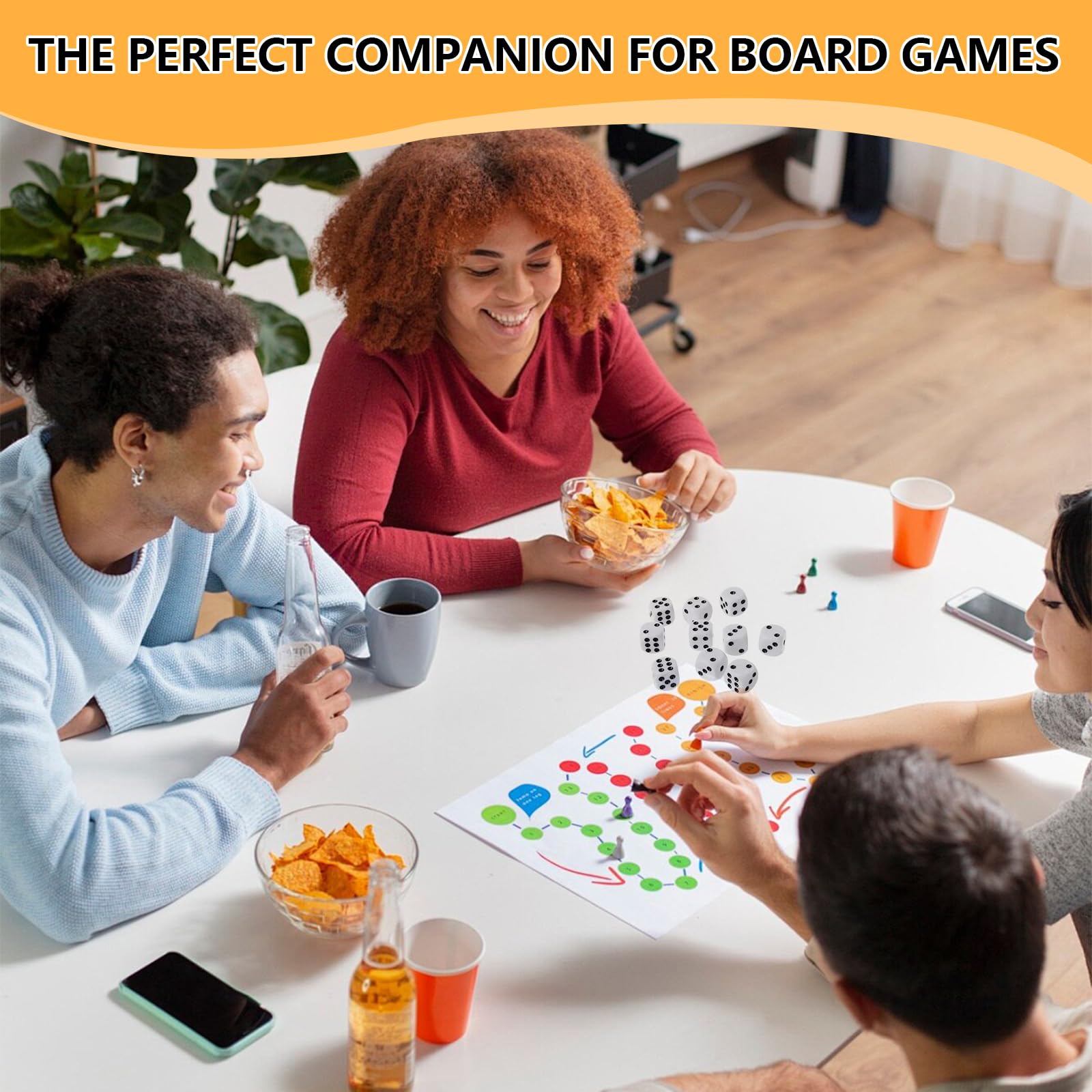 Set di 100 Dadi da Gioco 14mm, Dadi a 6 Facce Standard D6 in Acrilico, Ideale per Giochi da Tavolo e Didattica Matematica, Include 2 Scatole Contenitore Trasparenti (Bianco)