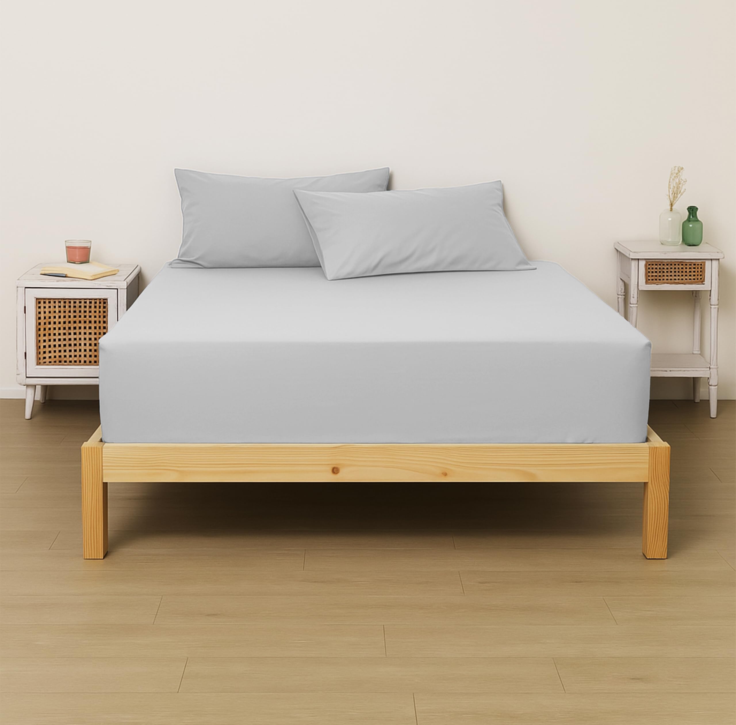 LINENWALAS 100% Cotton Percale Fitted Bed Sheet with Pillow Covers | Soft, Cool & Crisp Hotel Quality Elastic Bedsheet | Queen Bed Size - 300 TC (60x78 Inches, Silver)