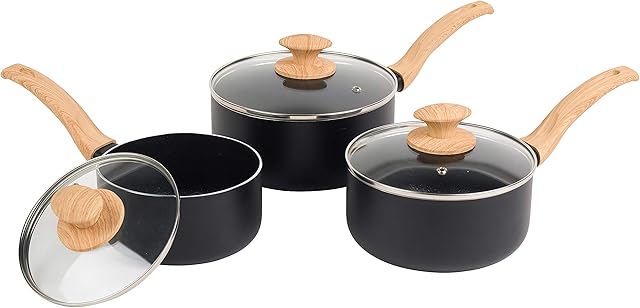 Progress BW09025EU Saucepan Set, 3 Piece Non-Stick Induction Suitable Cooking Pans with Lids, Dishwasher & Metal Utensil Safe, Easy Clean, for All Hob Types, Scandi Smartstone Collection, 16/18/20 cm