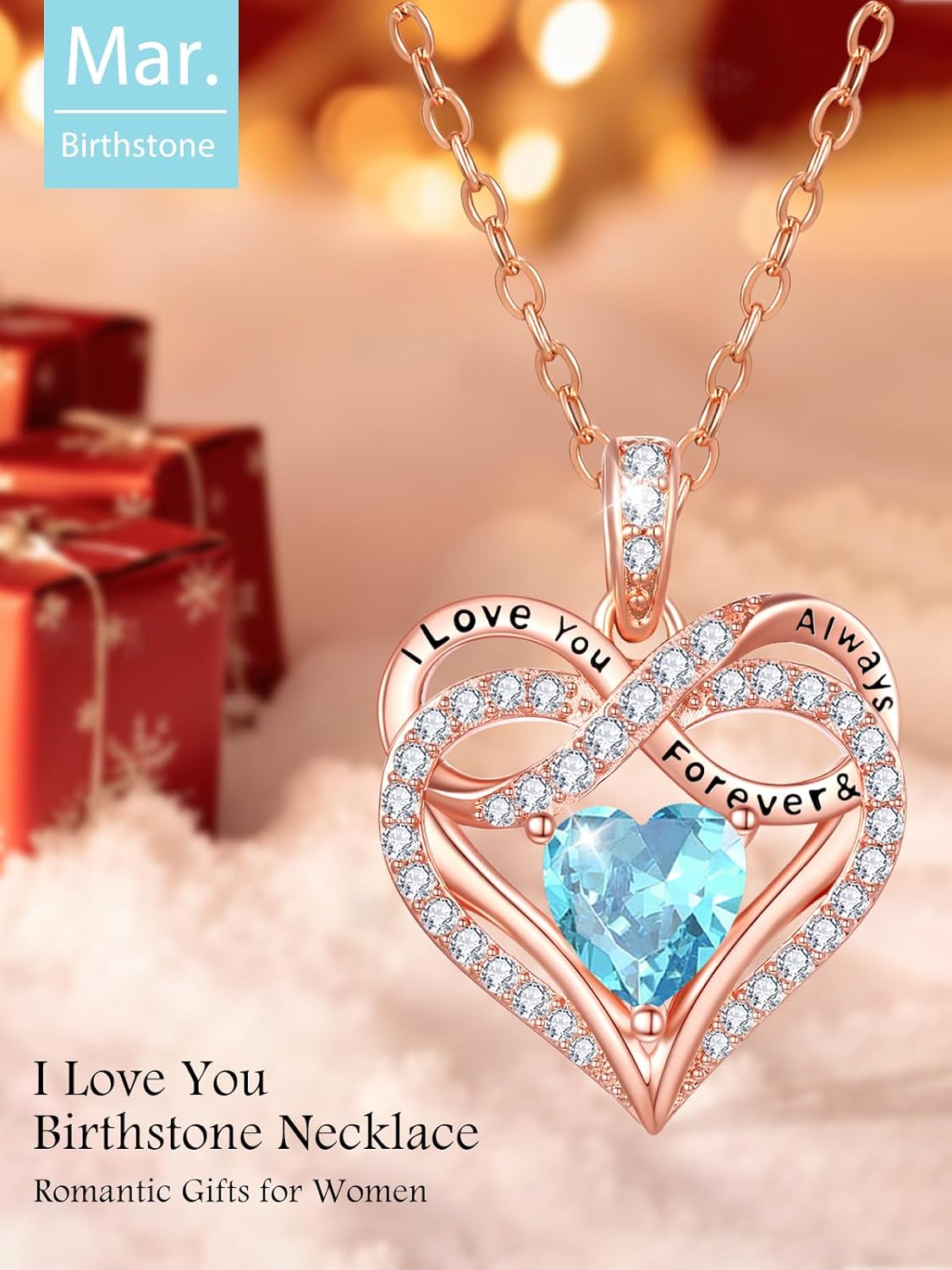 Infinity Rose Gold Valentines Heart Birthstone Necklace for Women,I Love You Always and Forever Jewelry,Valentines Anniversary Birthday Gifts for Her Wife Mom Grandma Daughter - Image 3