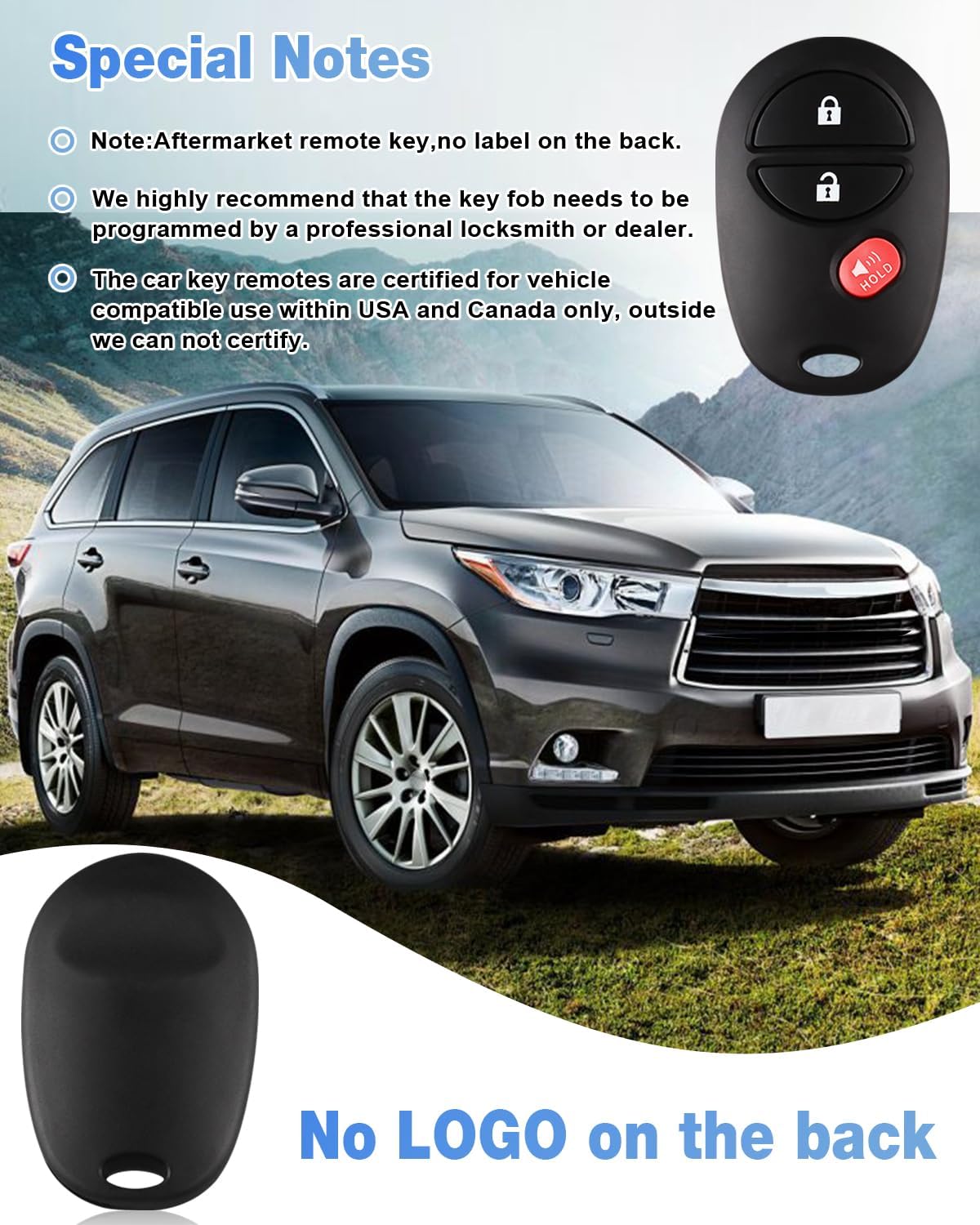 Key Fob Keyless Entry Remote Replacement for Toyota Tacoma Tundra Sienna Sequoia Highlander - 3 Buttons Car Key Fob FCC: GQ43VT20T (Set of 2)