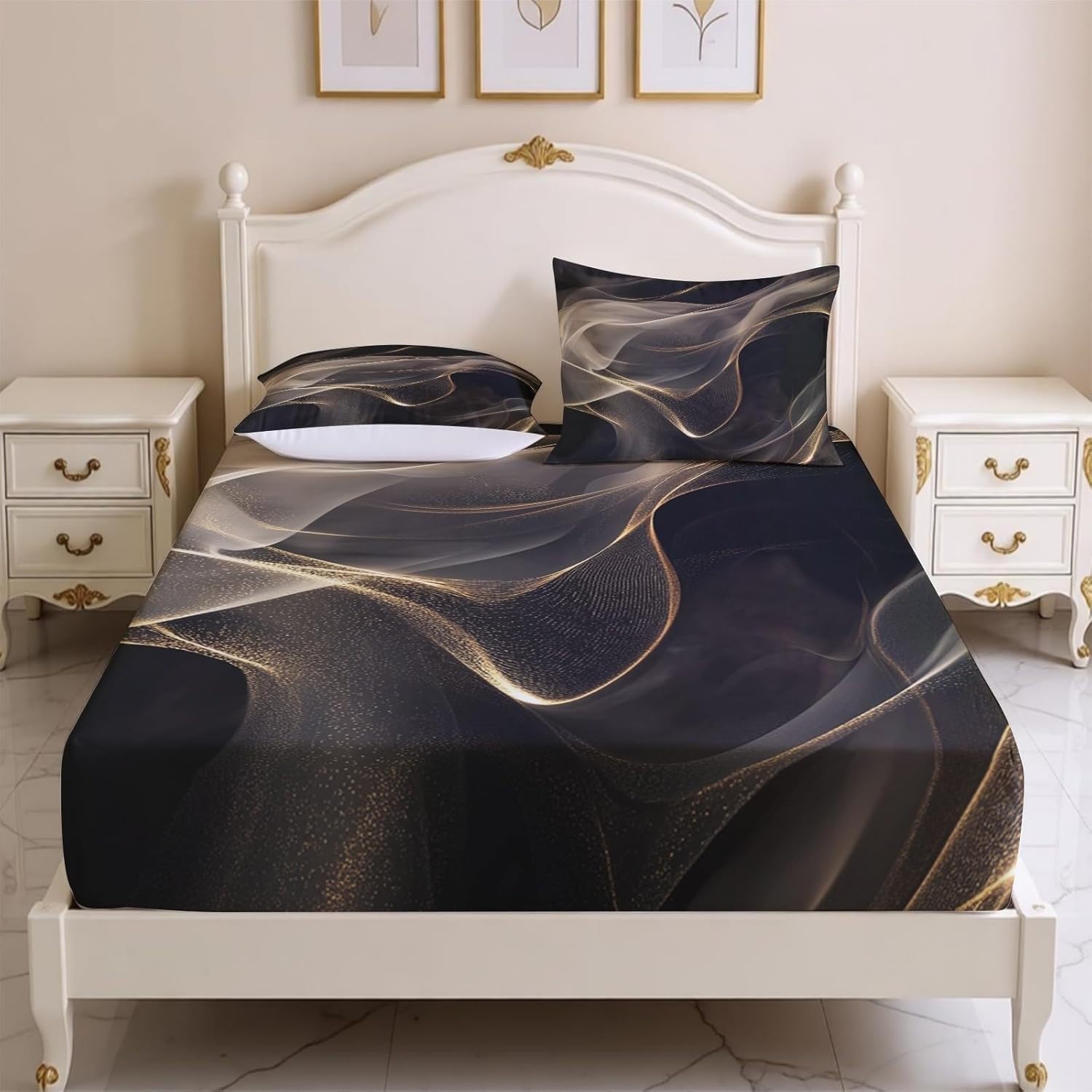 Sabana Bajera 180x200 Abstracto Sabanas Bajeras Estampadas MáRmol Dorado Sábana Bajera Ajustable Suaves, Elastico Funda Colchon con 2 Funda Almohada 50x80 cm, para Colchón de 30cm de Altura