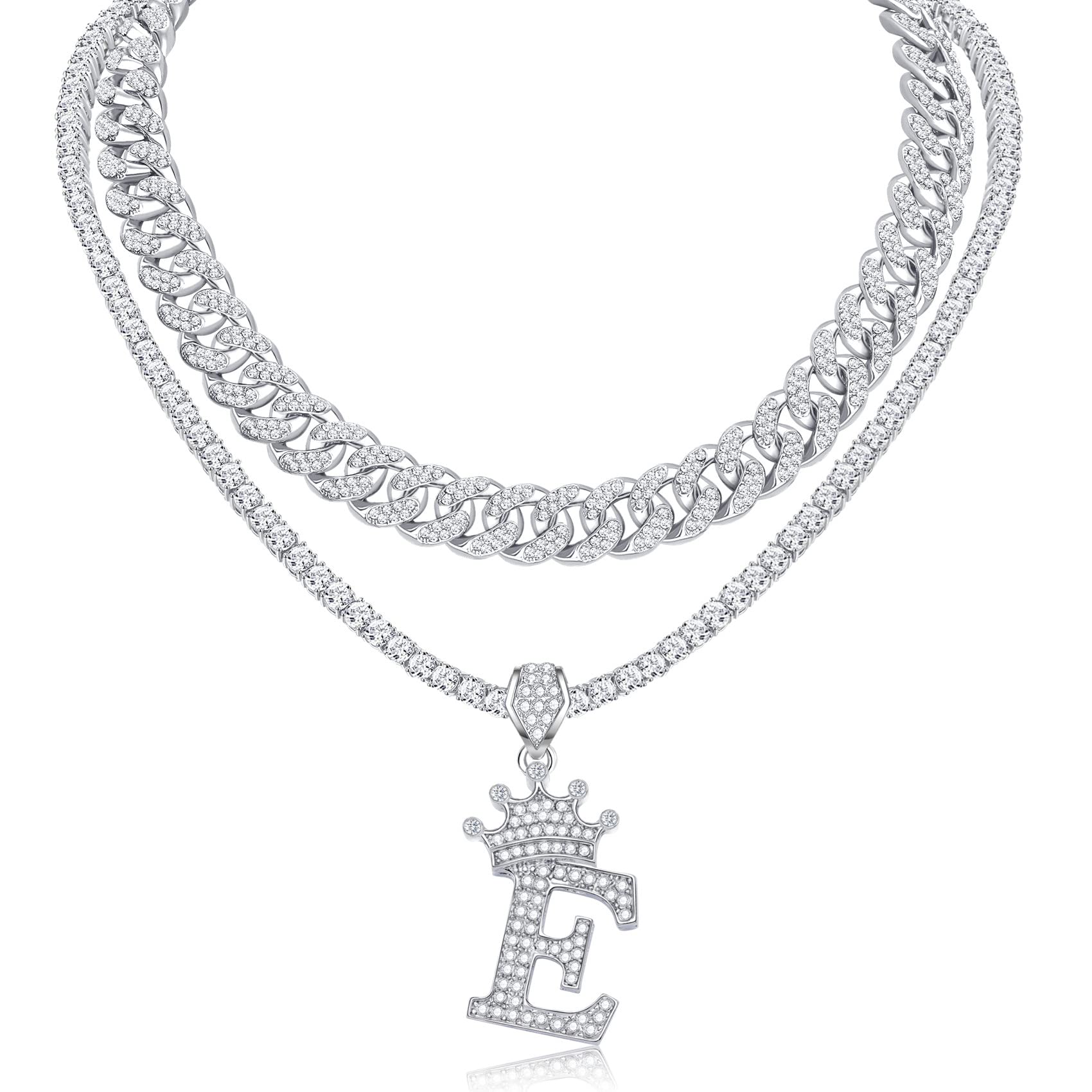 HonsnyA-Z Crown Initial Necklace for Men Women 18K Gold Plated Miami Cuban Link Chain Layered Bling Diamond Iced Out Chain Pendant Necklace Hip Hop Jewelry Gift 2PCS Chains