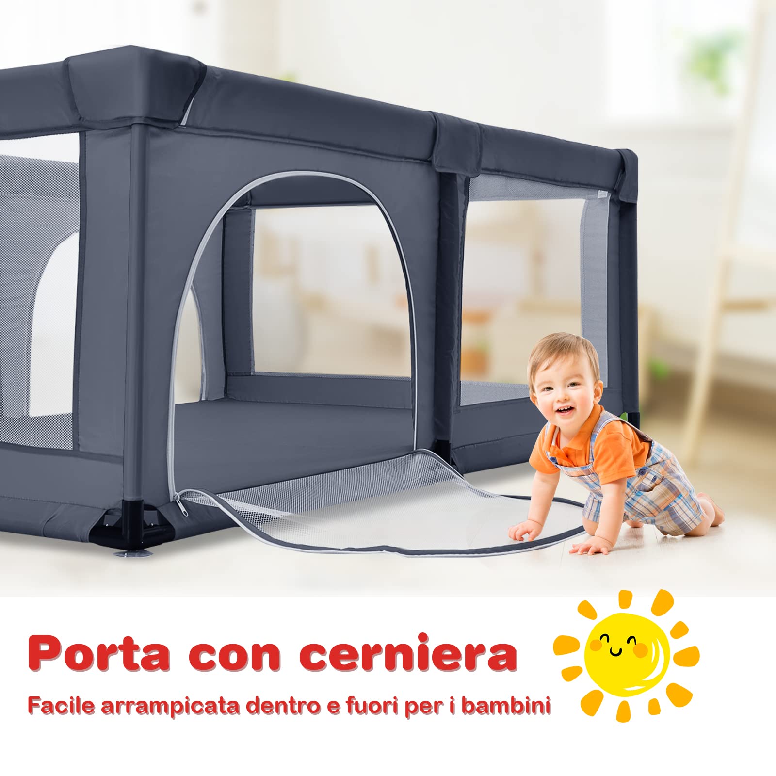 COSTWAY Box per Bambini, Centro Attività Portatile e Sicuro per Bambini, Box Colorato con Cancello, Recinto Extra per Interno ed Esterno con Rete Traspirante Durevole (Grigio scuro)