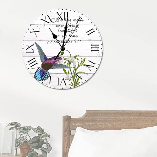 Miniatura 184 de ArogGeld He Made Everything Beautiful - Reloj de pared de PVC con flores rosadas, colibrí, reloj de pared grande con cita y números romanos, reloj